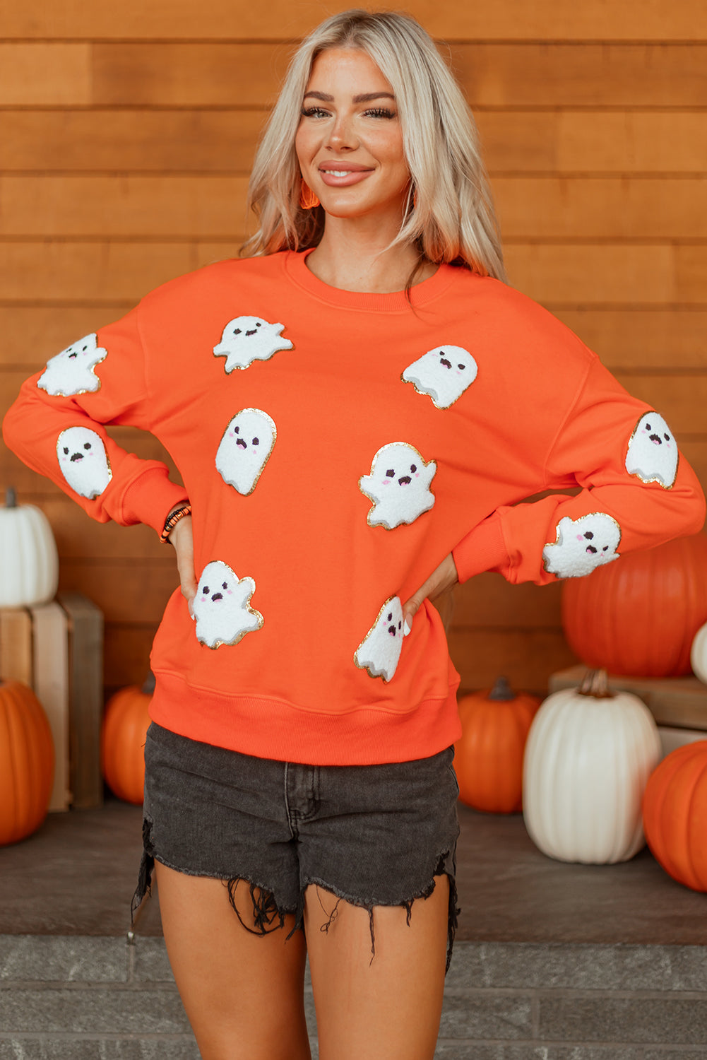 Orange Halloween Ghost Cute Patched Pattern Holiday Sweatshirt