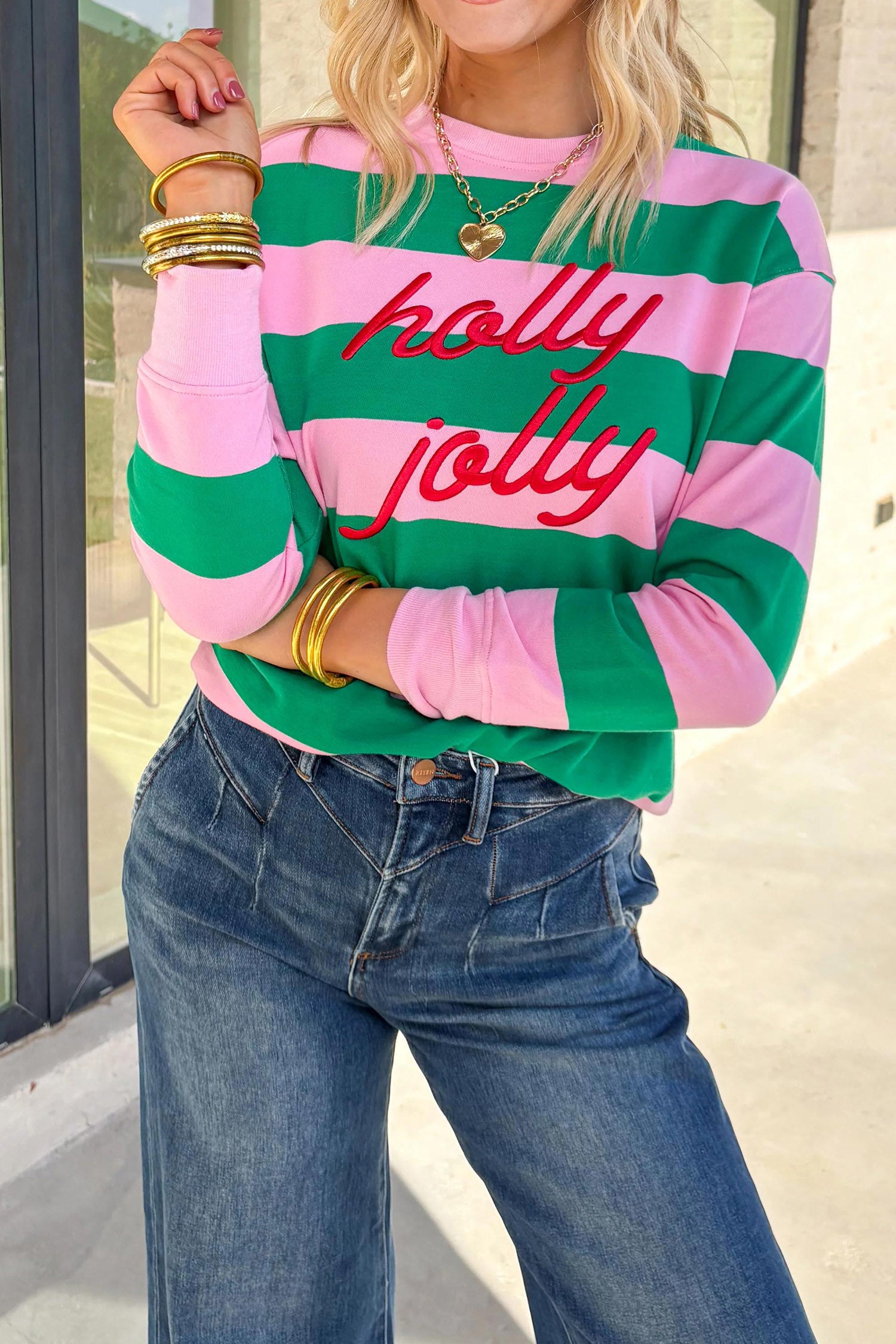 Green Stripe holly jolly Letter Embroidered Pullover Sweatshirt