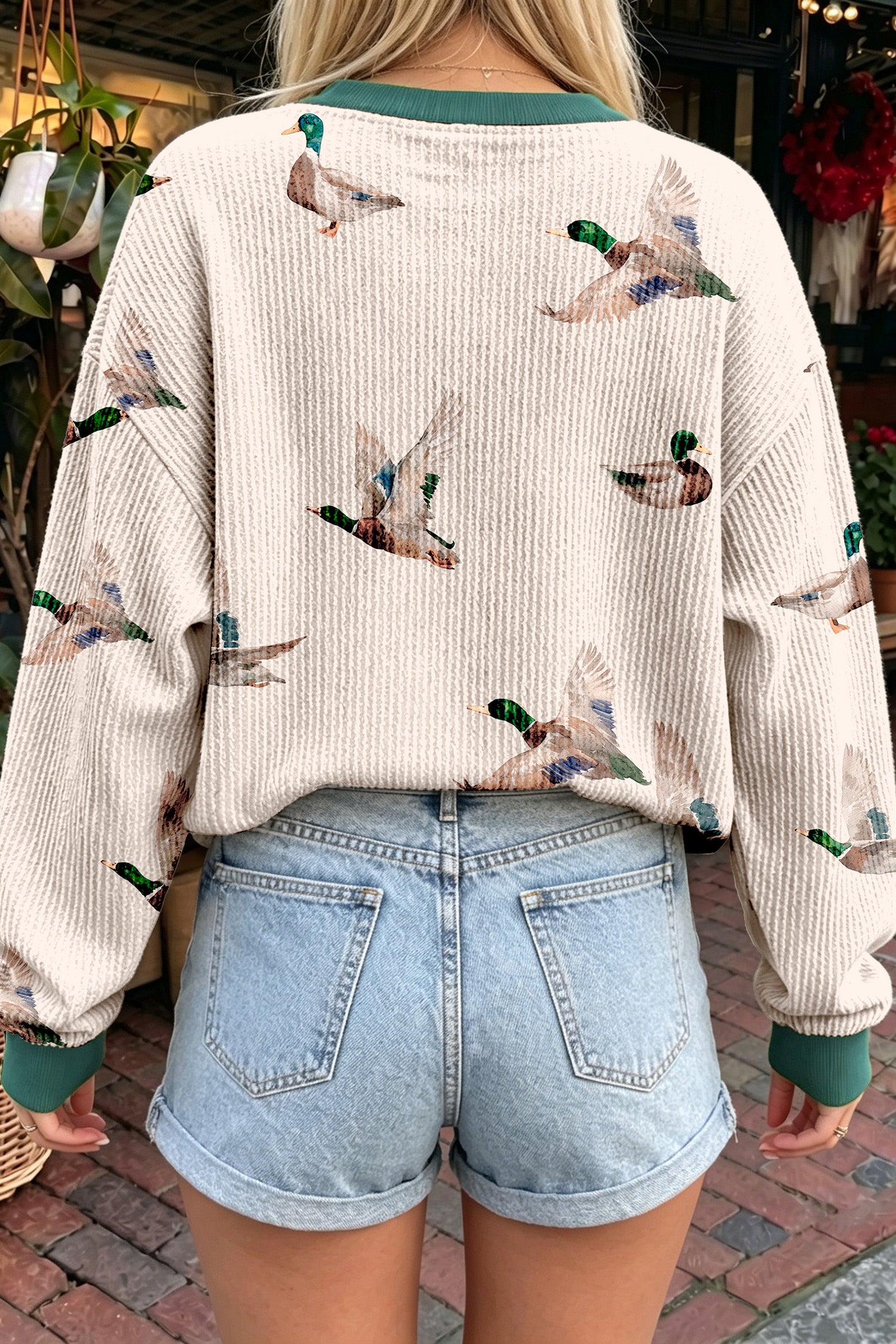 Beige Twisted Ribbed Duck Print Crewneck Casual Pullover Top