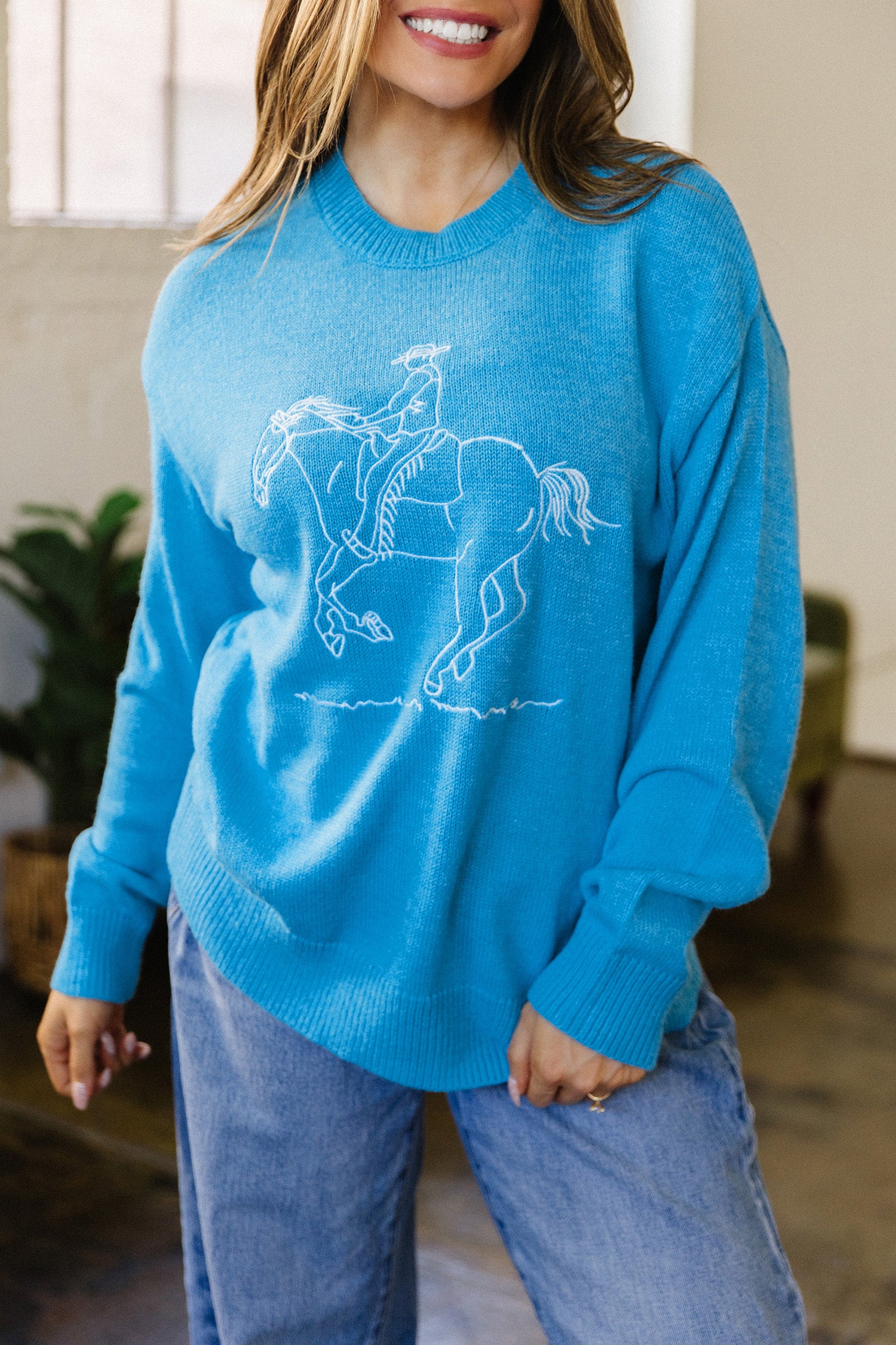 Sky Blue Western Embroidery Drop Shoulder Pullover Sweater