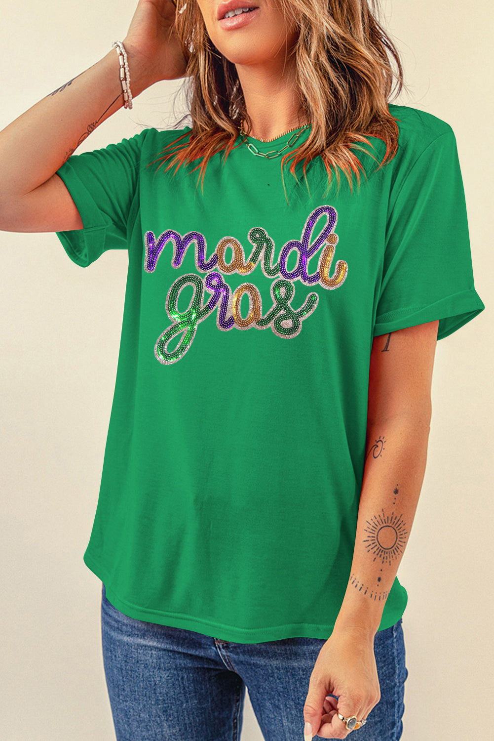 Bright Green Sequin mardi gras Graphic T Shirt