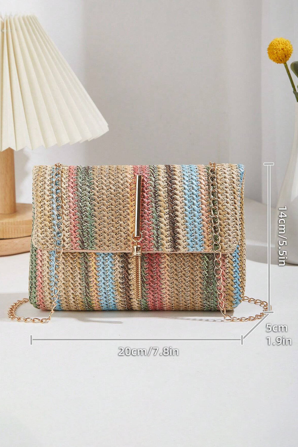 Apricot Straw Plaited Gold Chain Clasp Closure Single Shoulder Bag