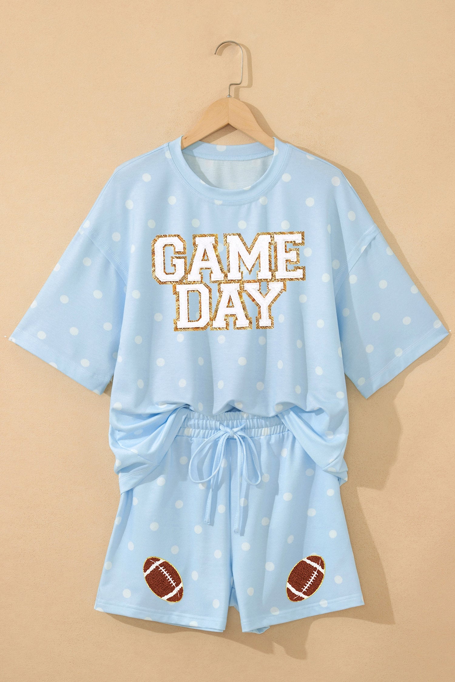 Sky Blue Polka Dot GAME DAY Letter Graphic Oversized Tee Drawstring Short Set
