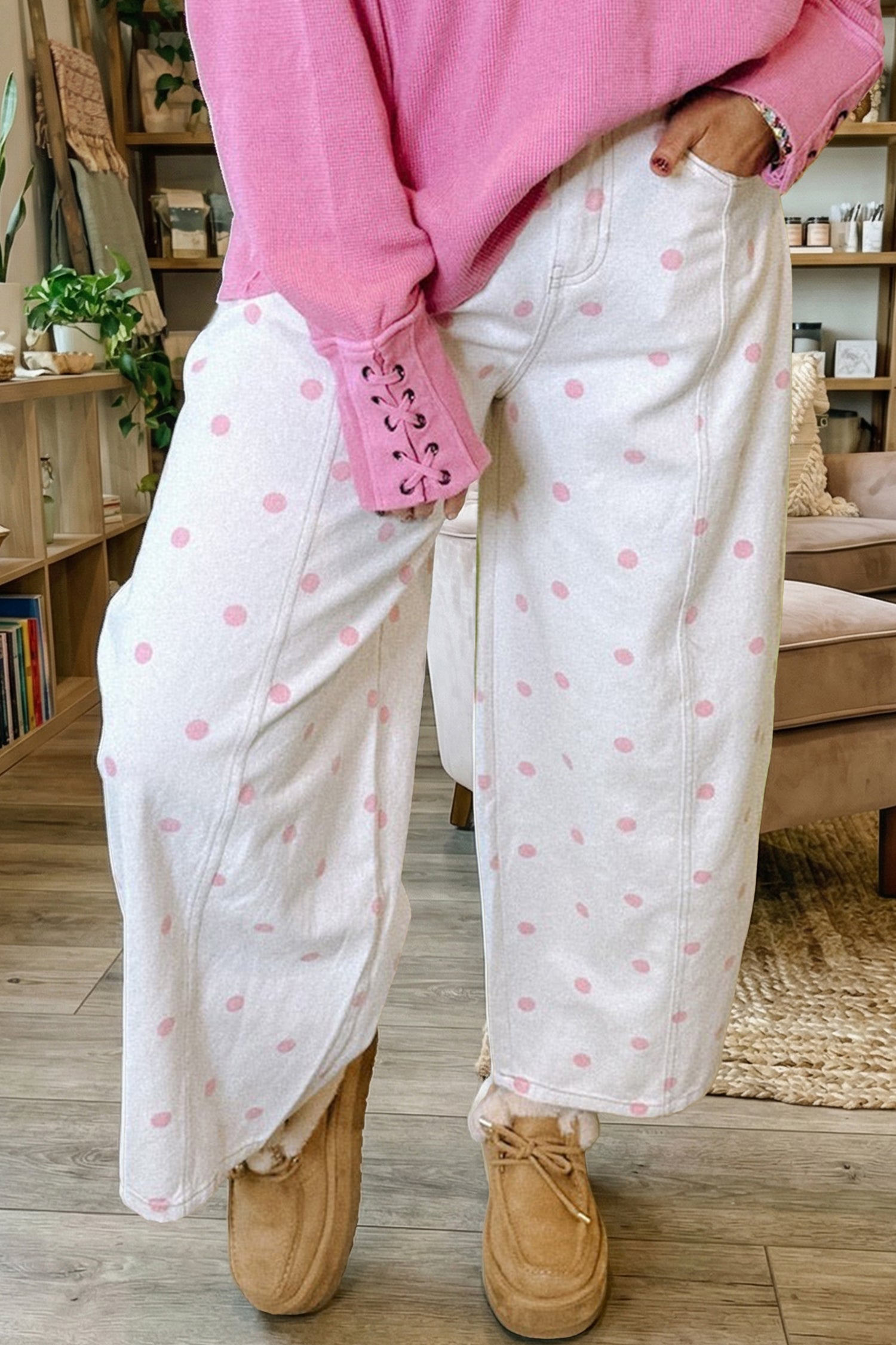 Pink Polka Dot Print Seam Detail Barrel Jeans