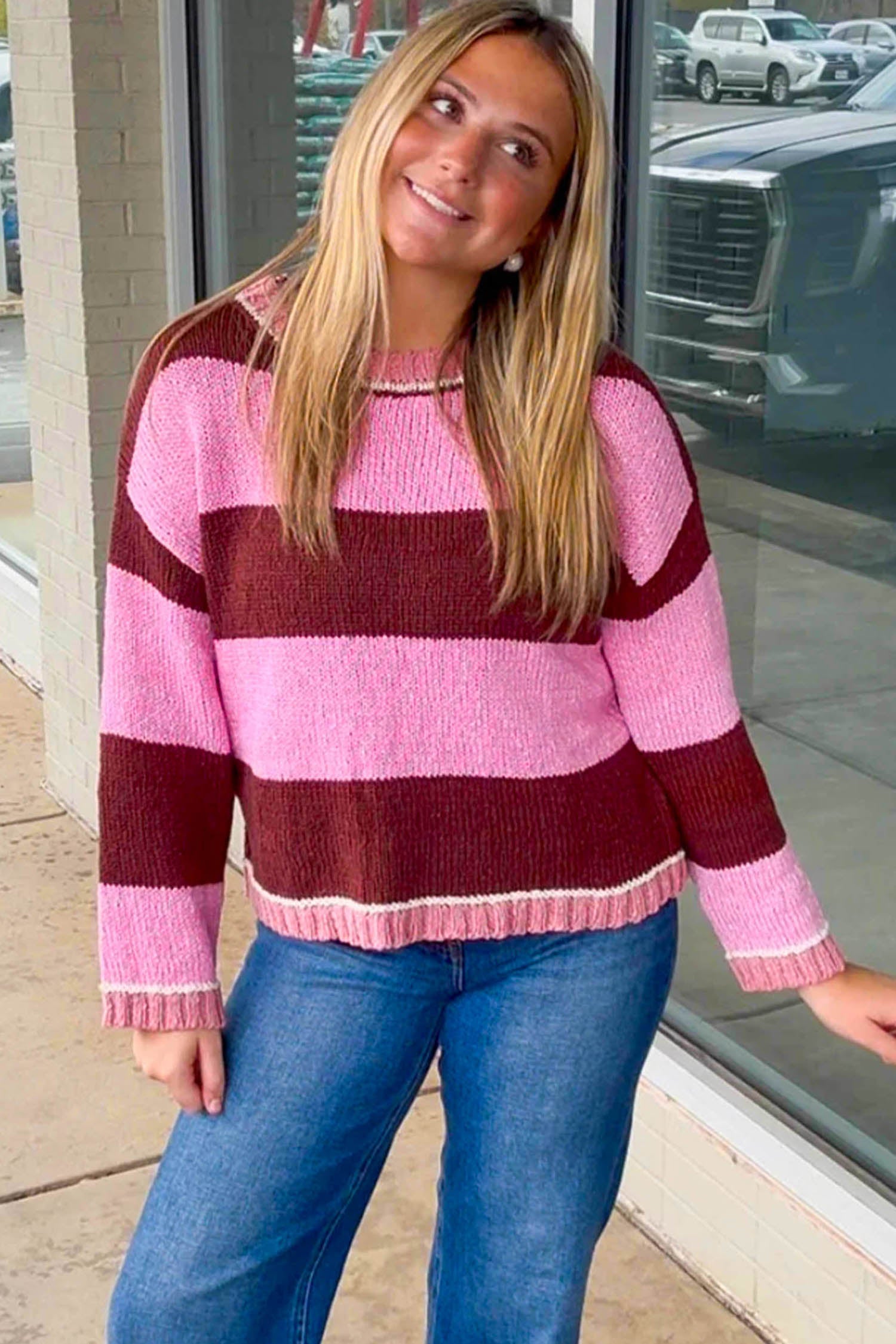 Pink Stripe Striped Drop Shoulder Long Sleeve Pullover Regular Fit Knit Sweater