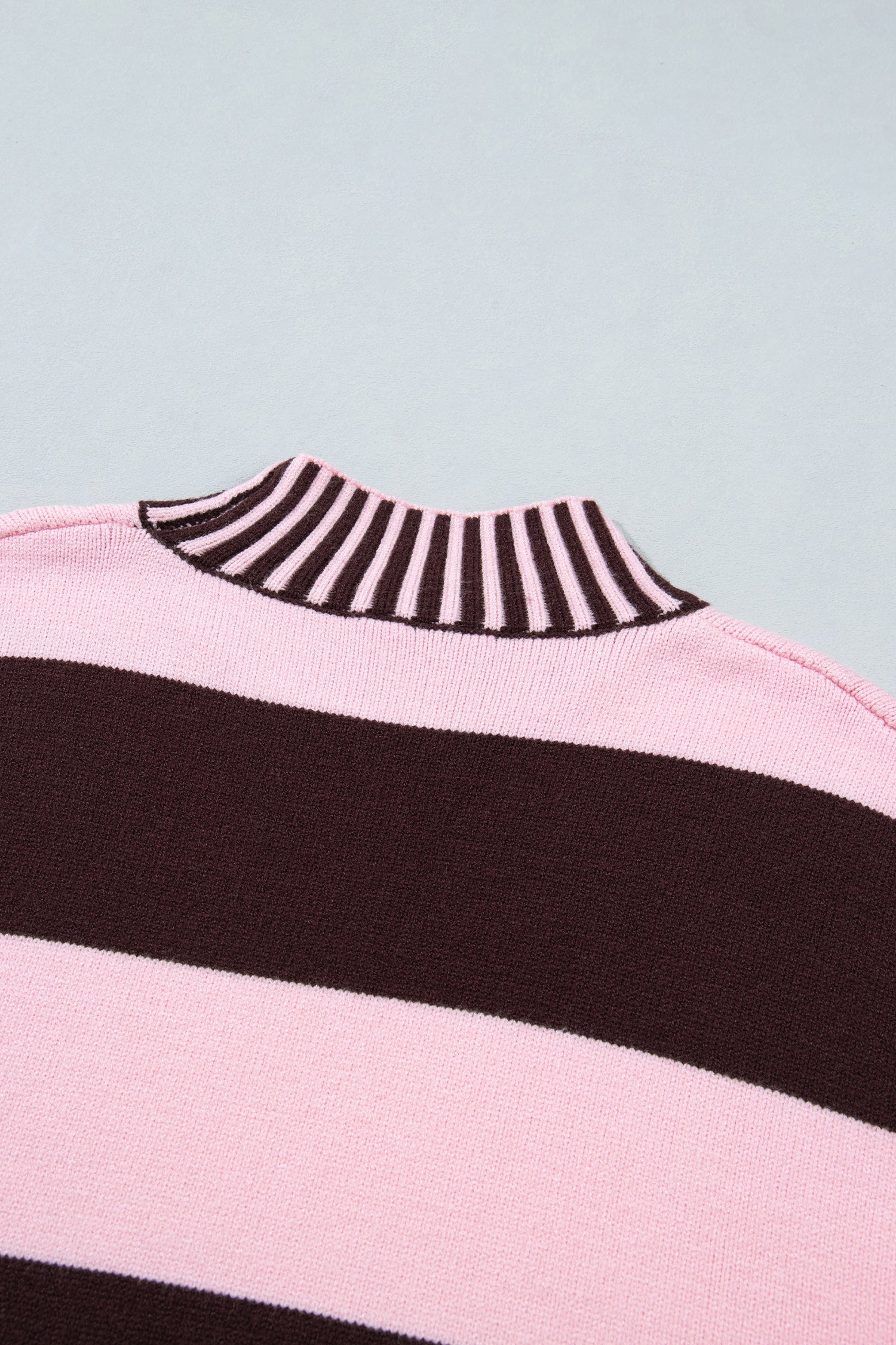 Pink Stripe Contrast High Neck Dropped Shoulder Relaxed Pullover Sweater