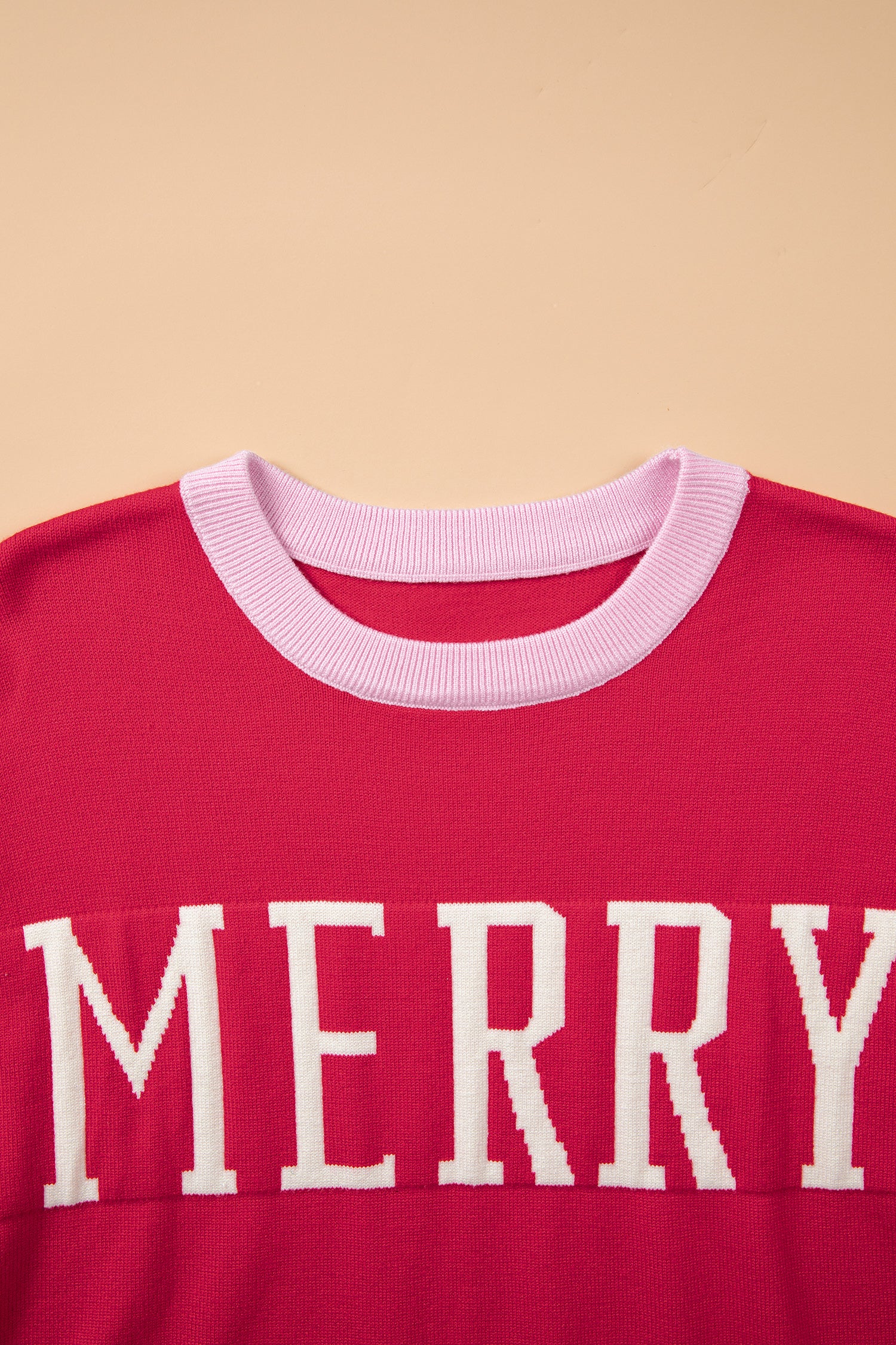 Red Drop Shoulder Round Neck Letter Print Colorblock Sweater