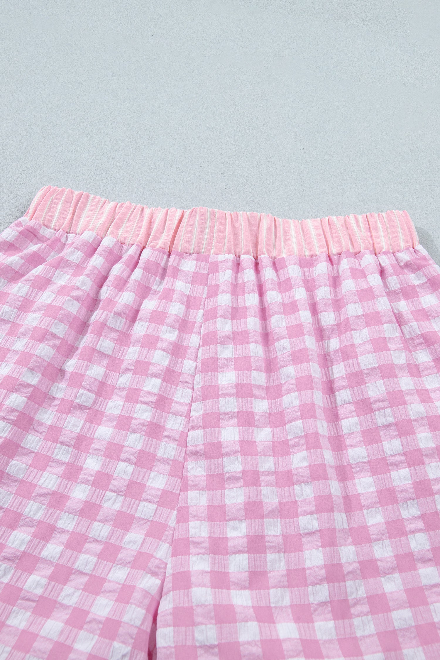 Pink Gingham Print Ruffle Striped Detail Lace Tie Shorts