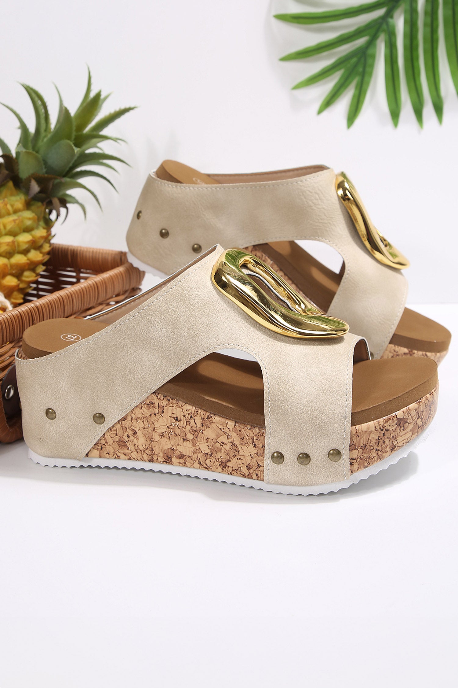 Beige Retro Suede Cutout Gold Buckle Detail Platform Wedge Slippers