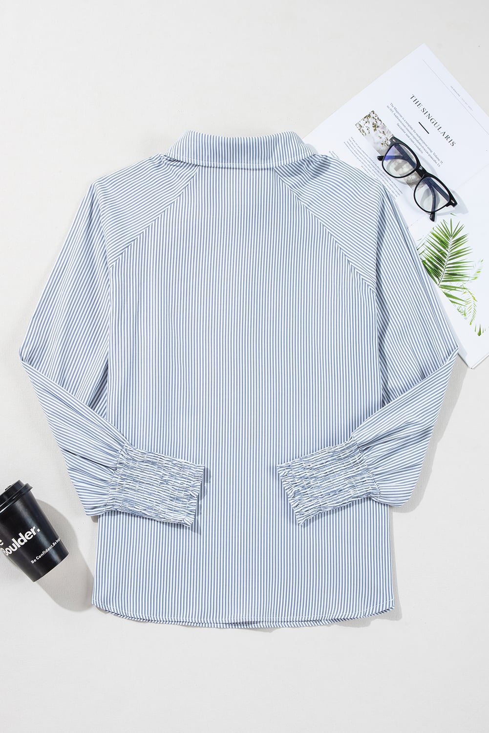 Gray Pinstripe Long Sleeve Smocked Cuffs Button Shirt Collar Blouse