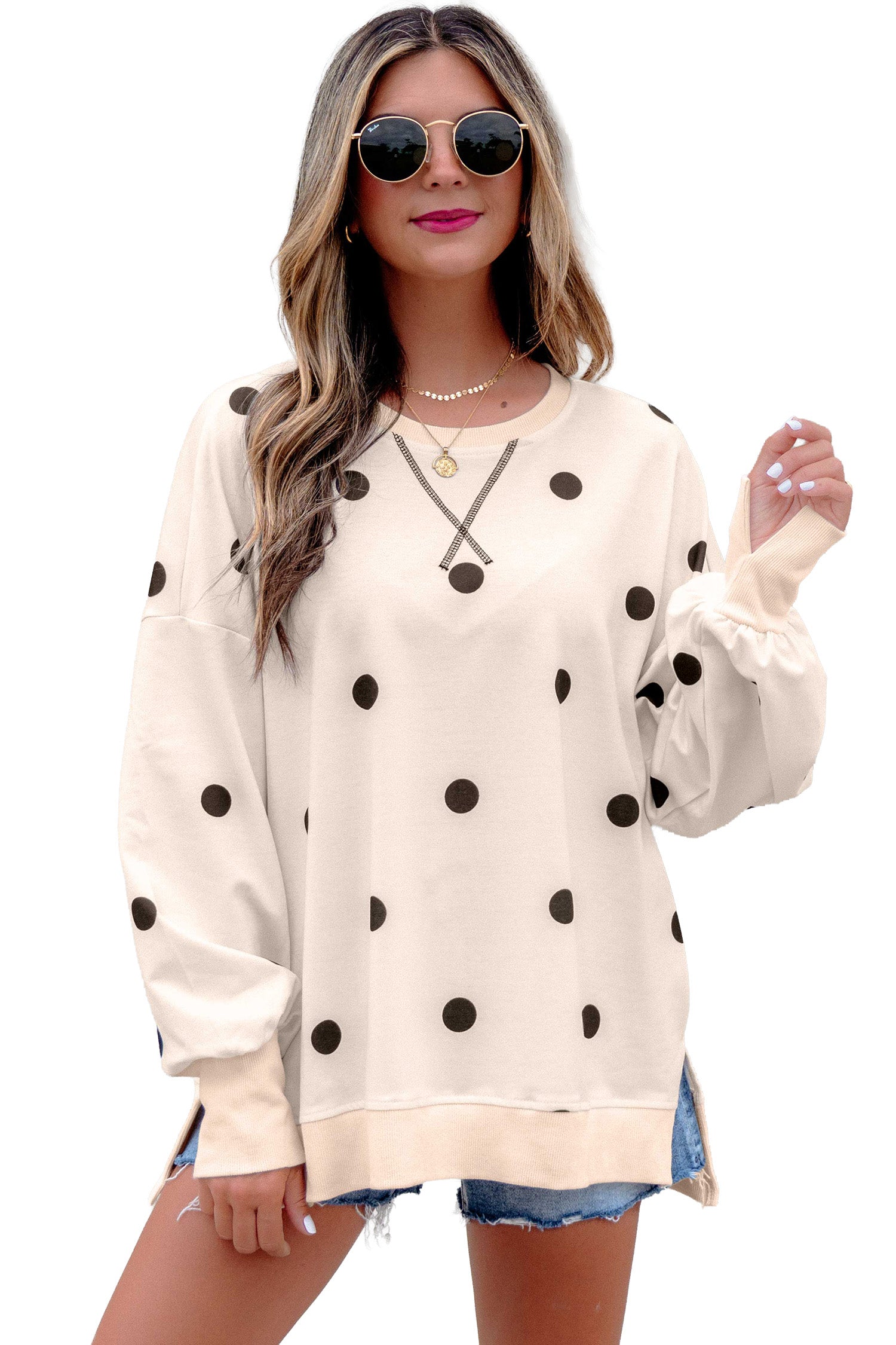 Beige Polka Dot Loose Long Sleeve Split Hem Pullover Top