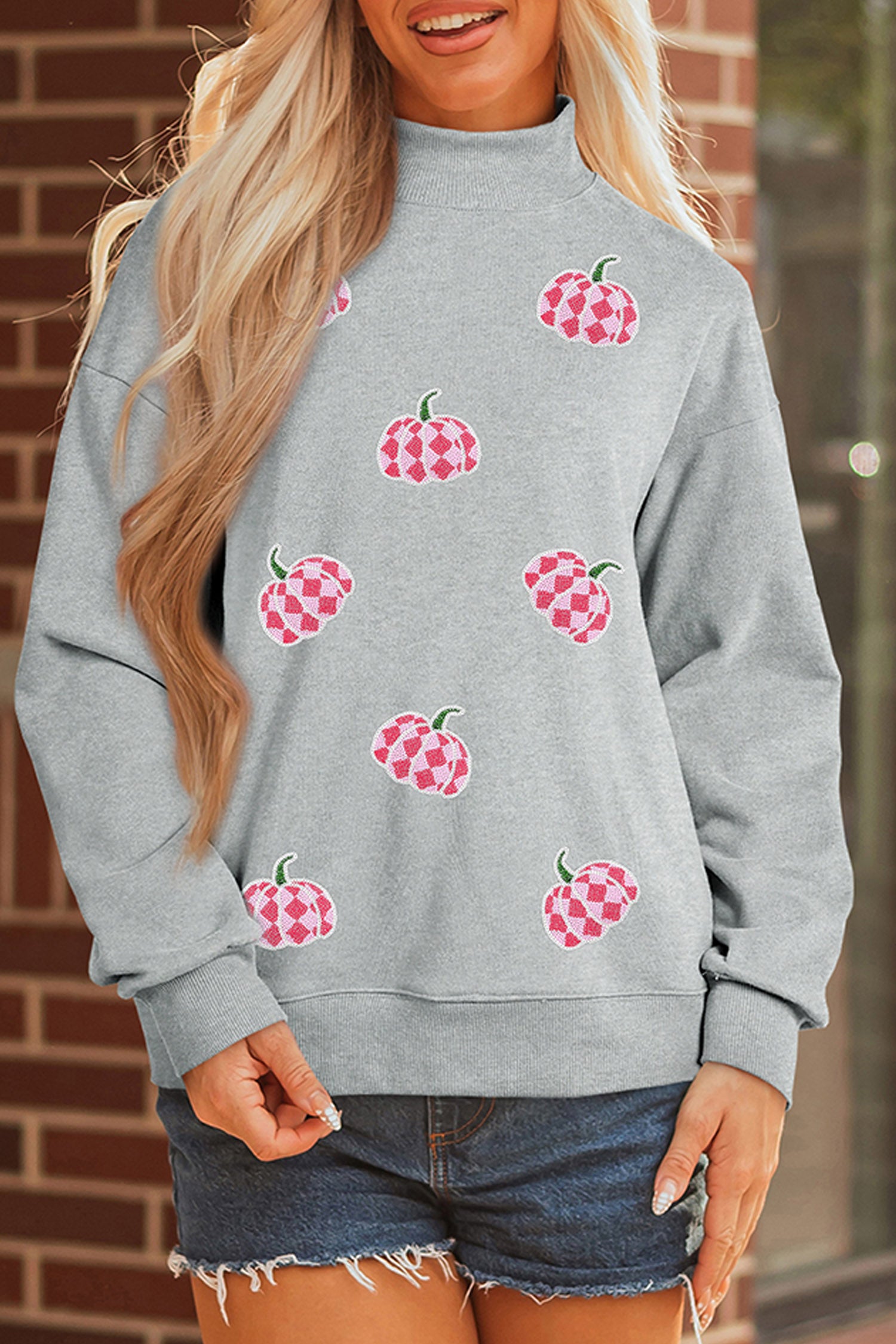 Gray Sequined Pumpkin Graphic Mock Neck Baggy Pullover Sweatshirt