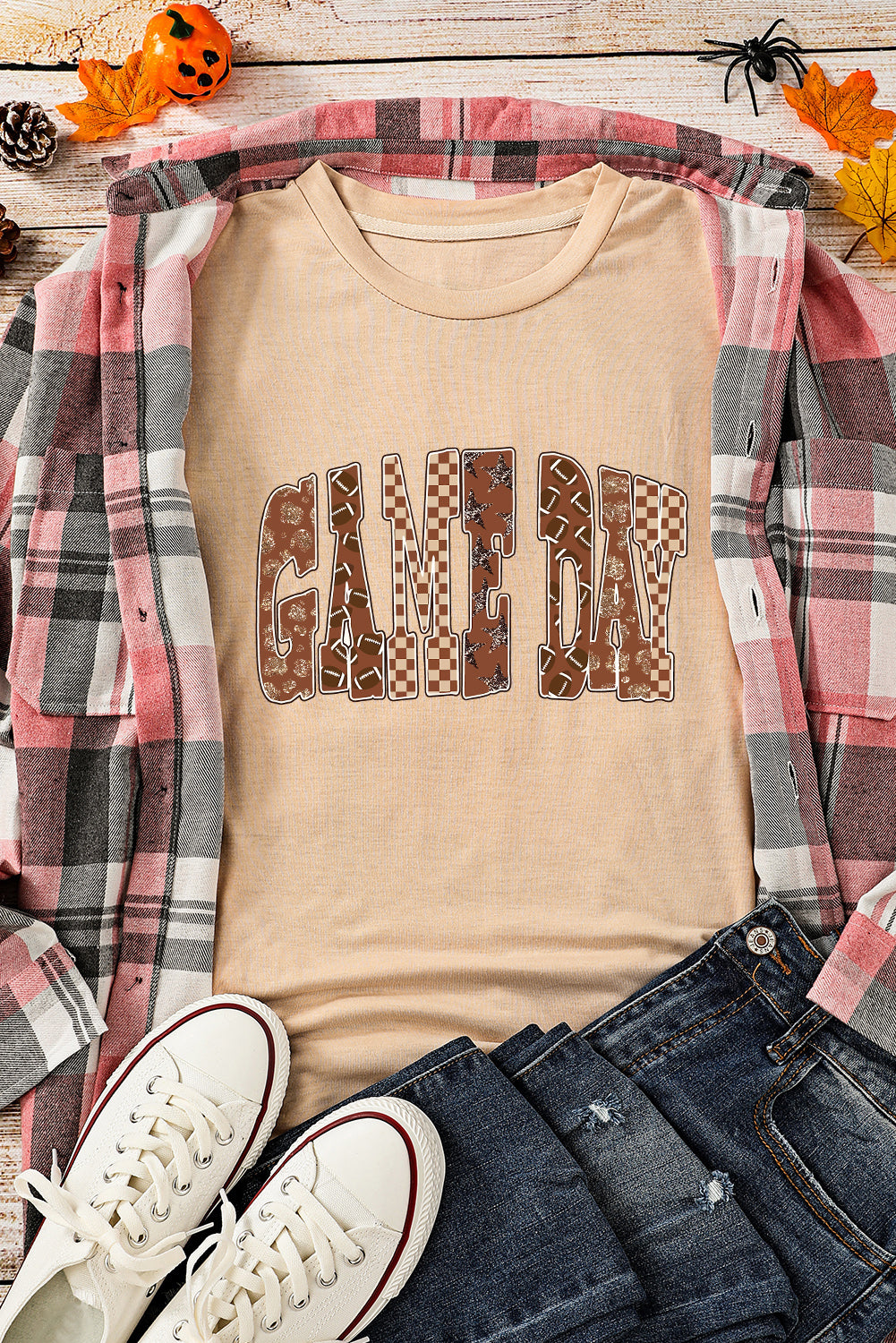Khaki GAME DAY Rugby Checkered Letter Graphic T Shirt