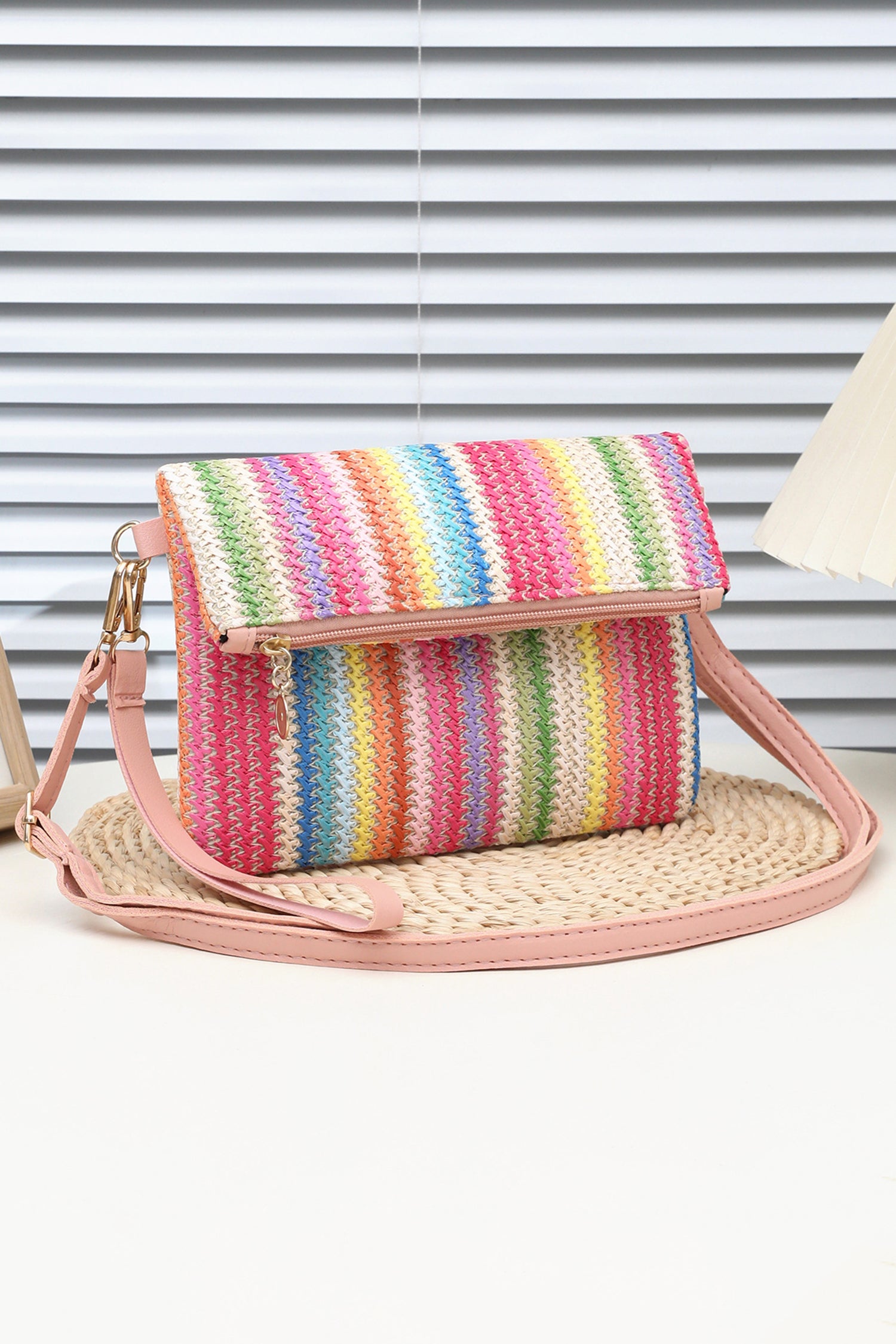 Pink Striped Straw Woven Zip Folded Magnetic Button Shoulder Bag