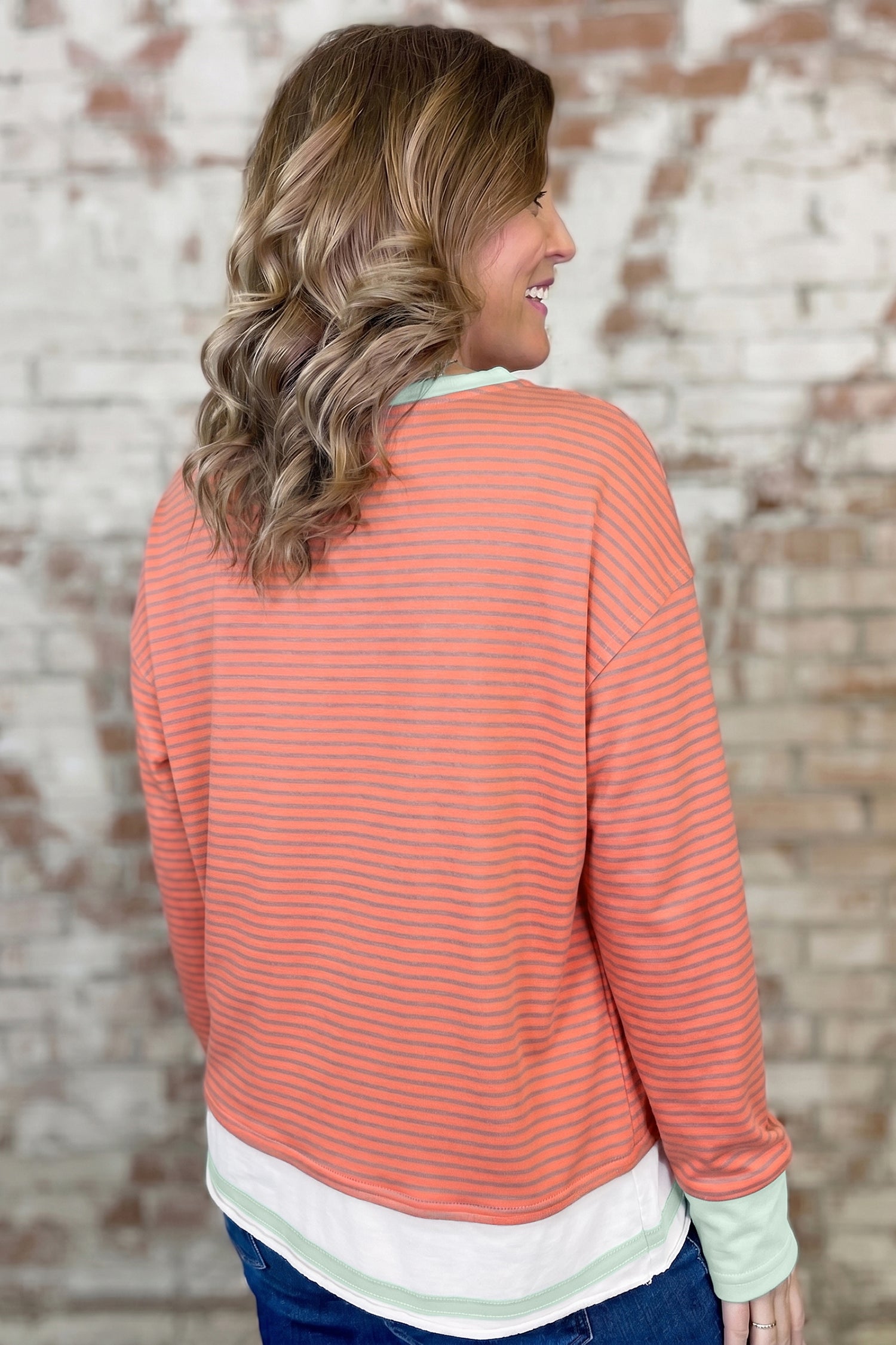 Orange Stripe Colorblock Detail Raw Seam Long Sleeve Top