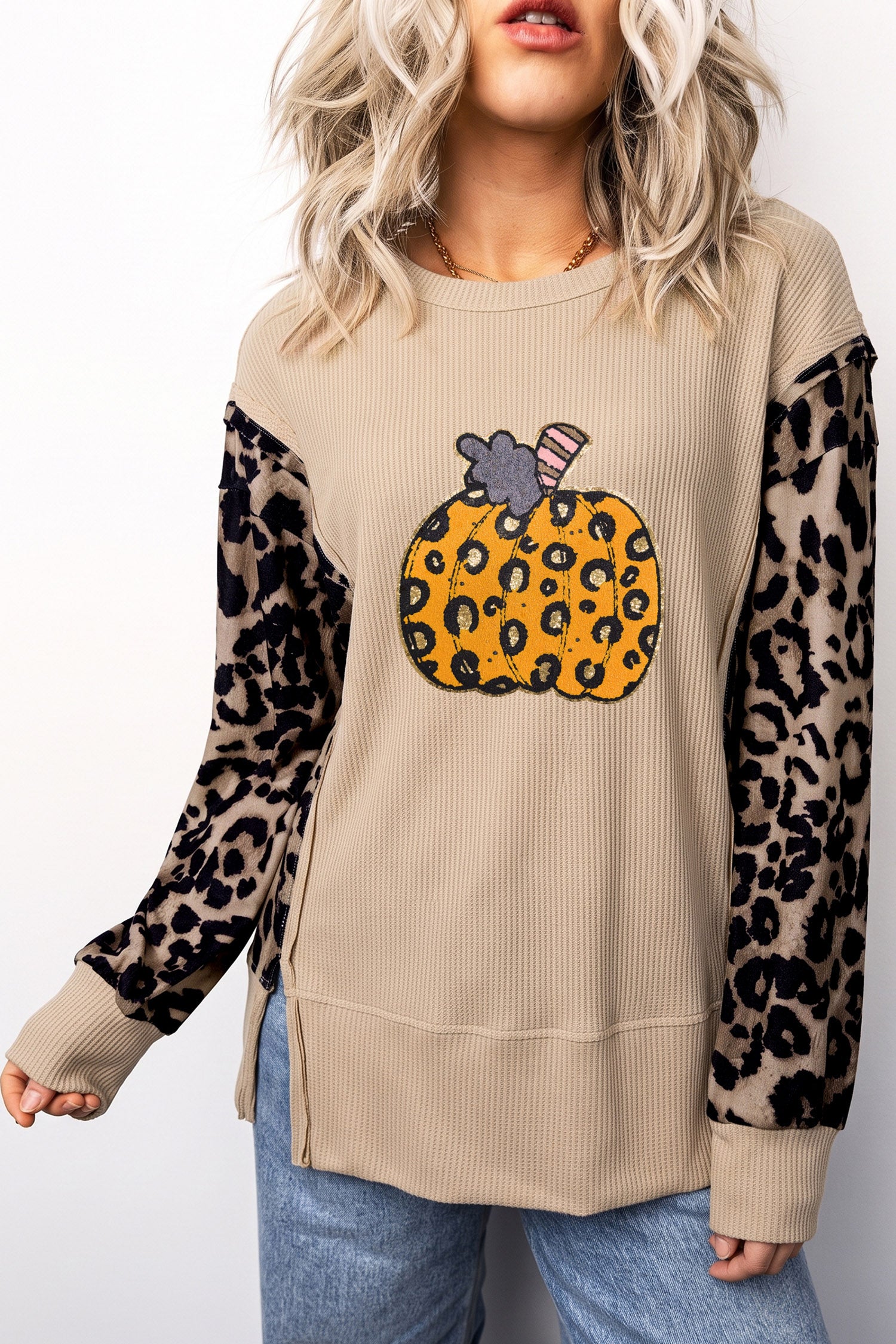 Gray Morn Leopard Sleeve Pumpkin Graphic Western Pullover Top