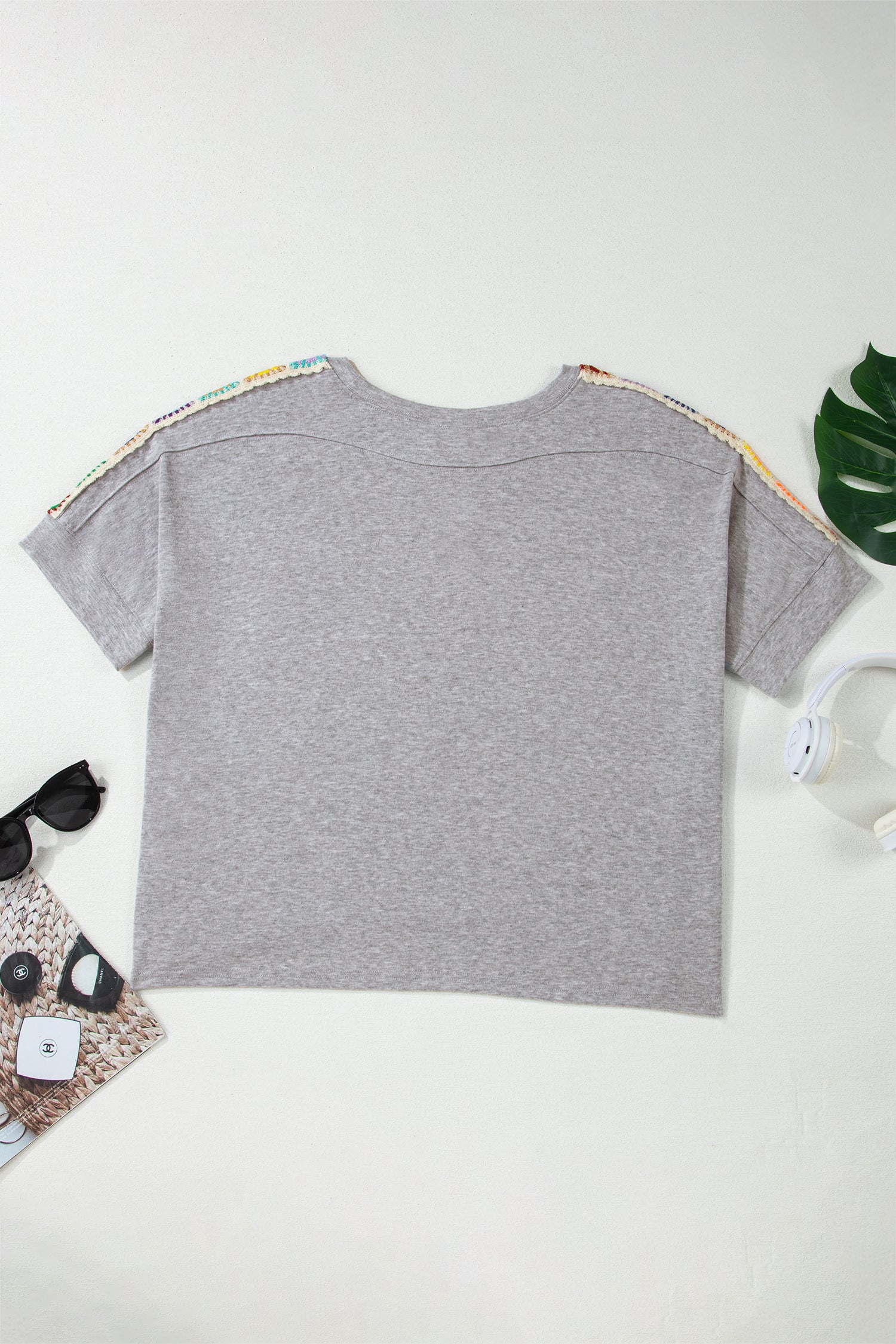 Light Grey Granny Square Crochet Detail Loose T Shirt