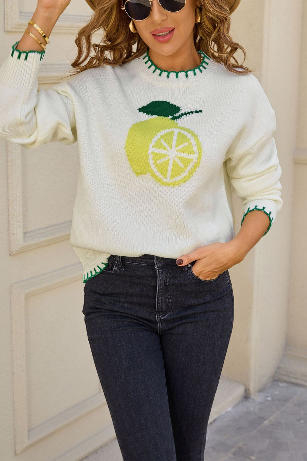 White Lemon Pattern Contrast Stitched Trim Drop Shoulder Sweater