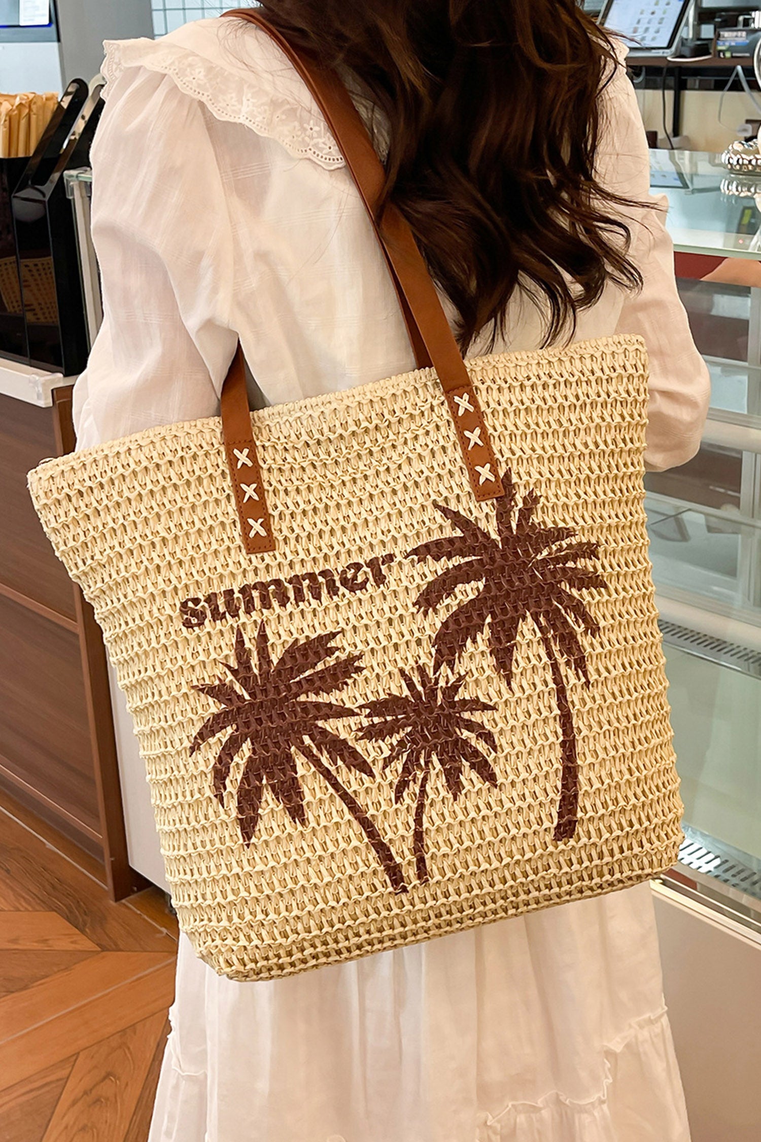 Khaki Straw Woven Summer Palm Tree Print Vacation Tote Bag