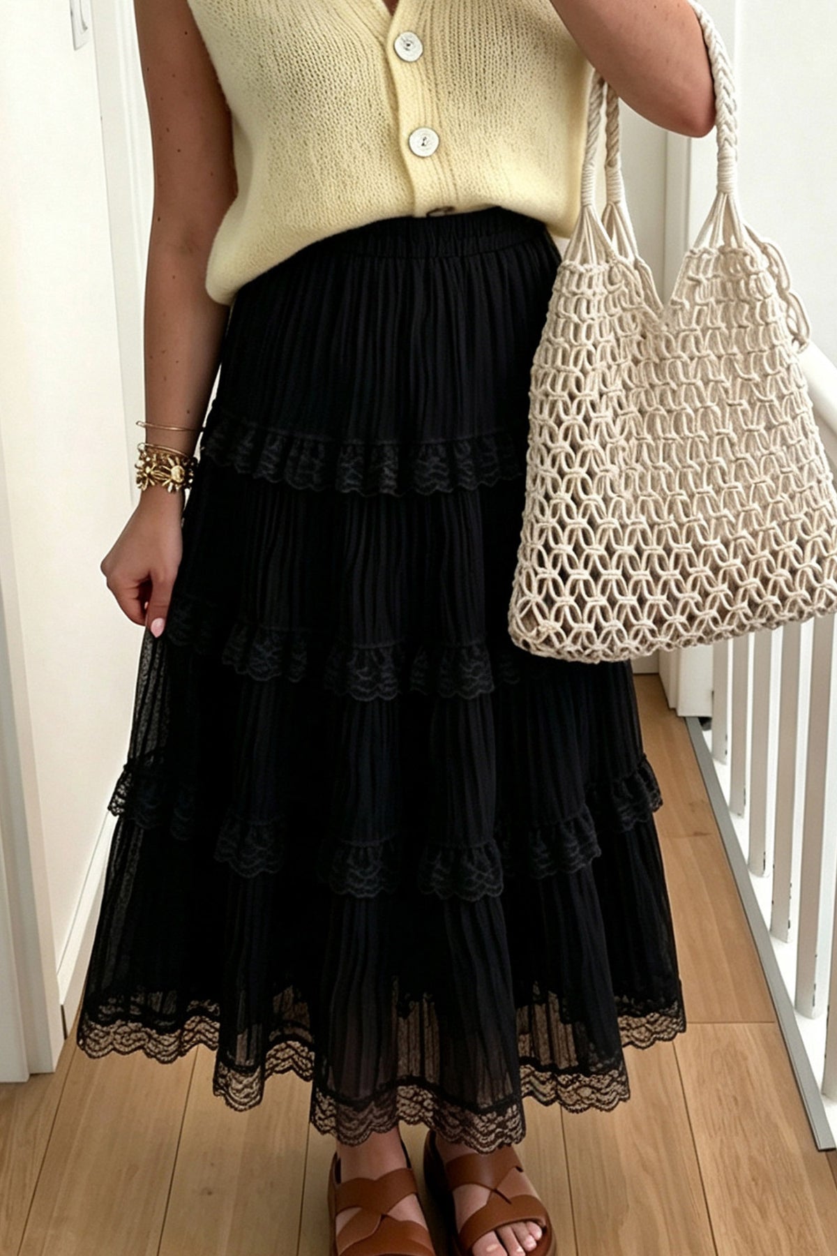 Black Pleated Tiered Lace Trim Maxi Skirt