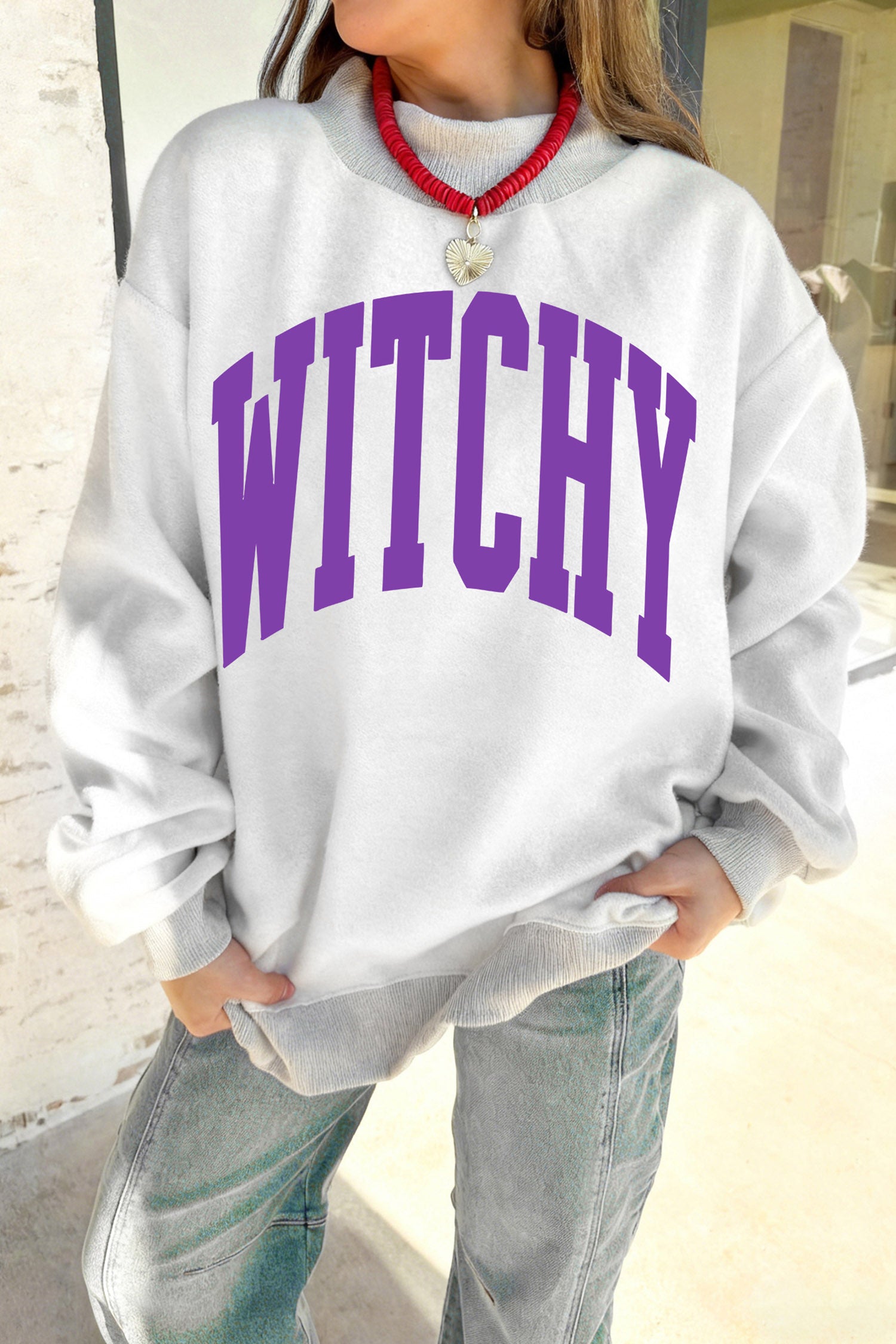 Light Grey Halloween Slogan Print Mock Neck Reversible Sweatshirt