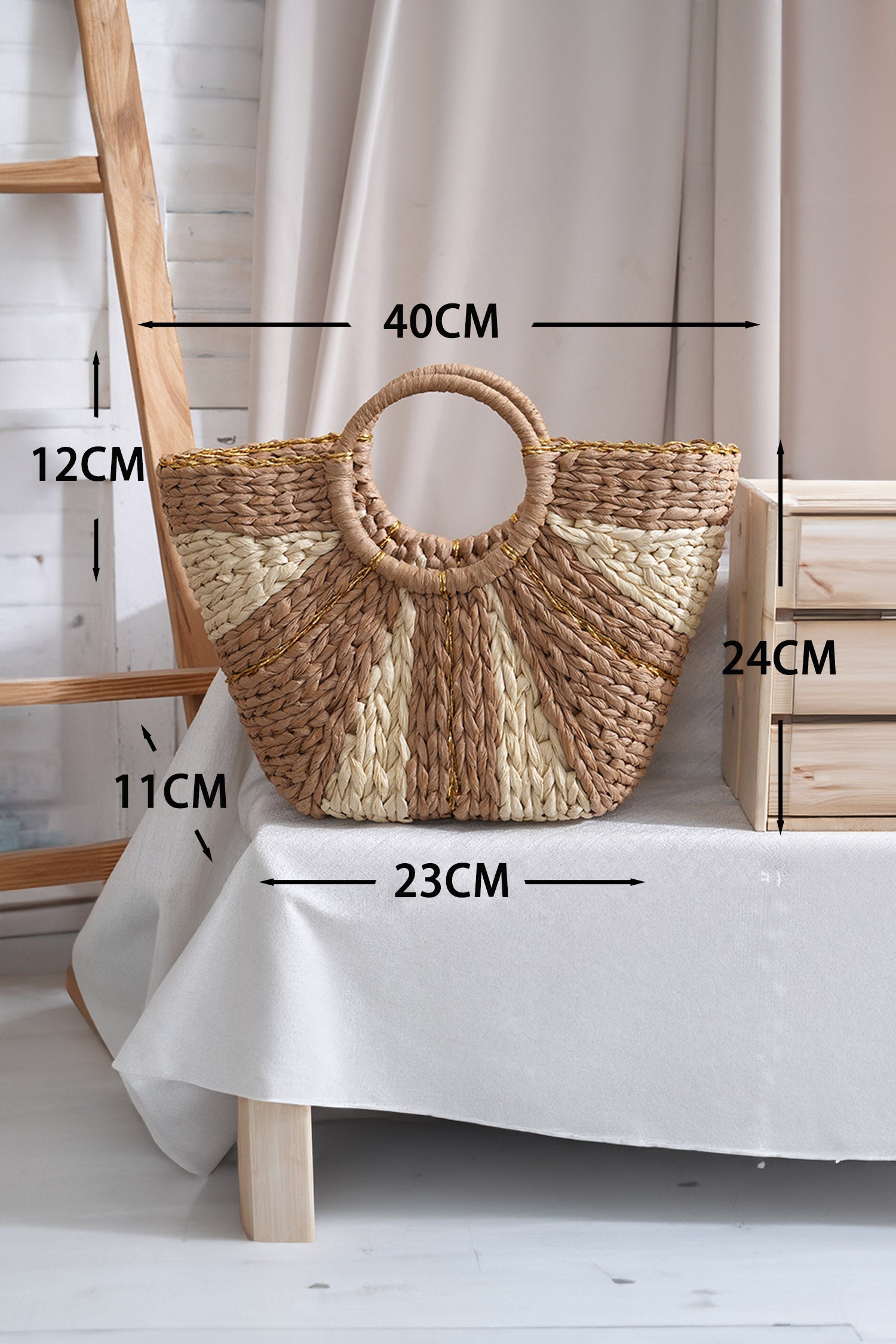 Light French Beige Fan Shape Color Block Handwoven Straw Tote Bag