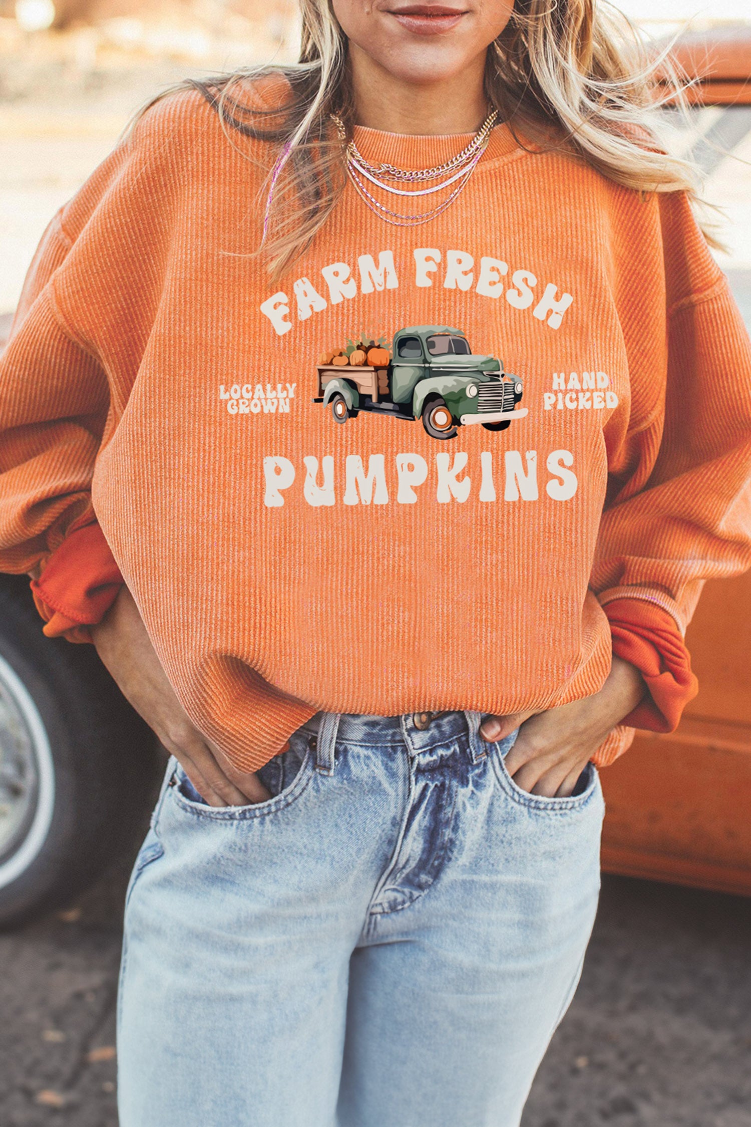 Orange Corded Ribbed Farm Fresh Pumpkins Graphic Pullover Sweatshirt
