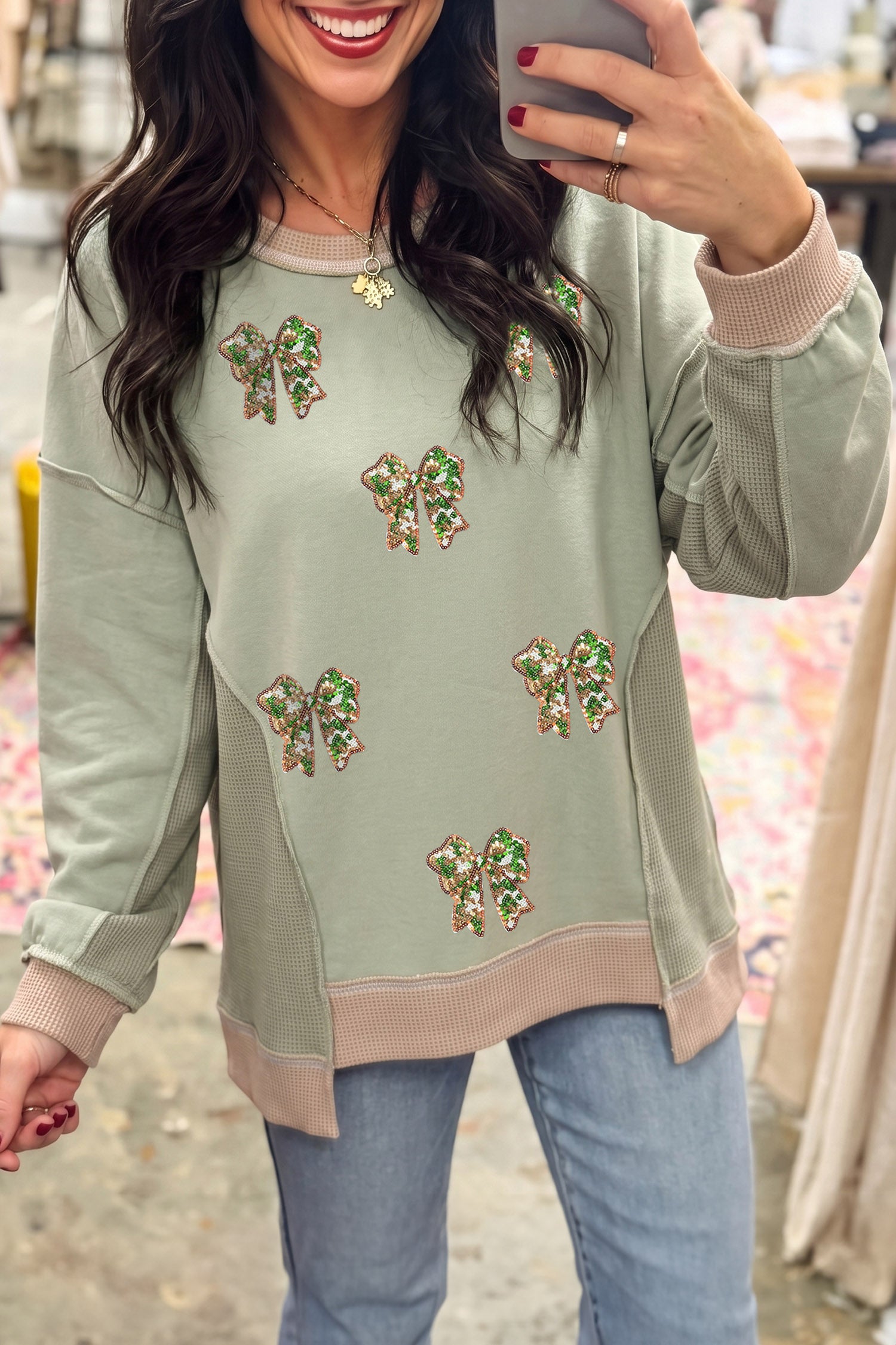 Smoke Green Sequin Bow Patchwork Waffle Colorblock Loose Sweatshirt