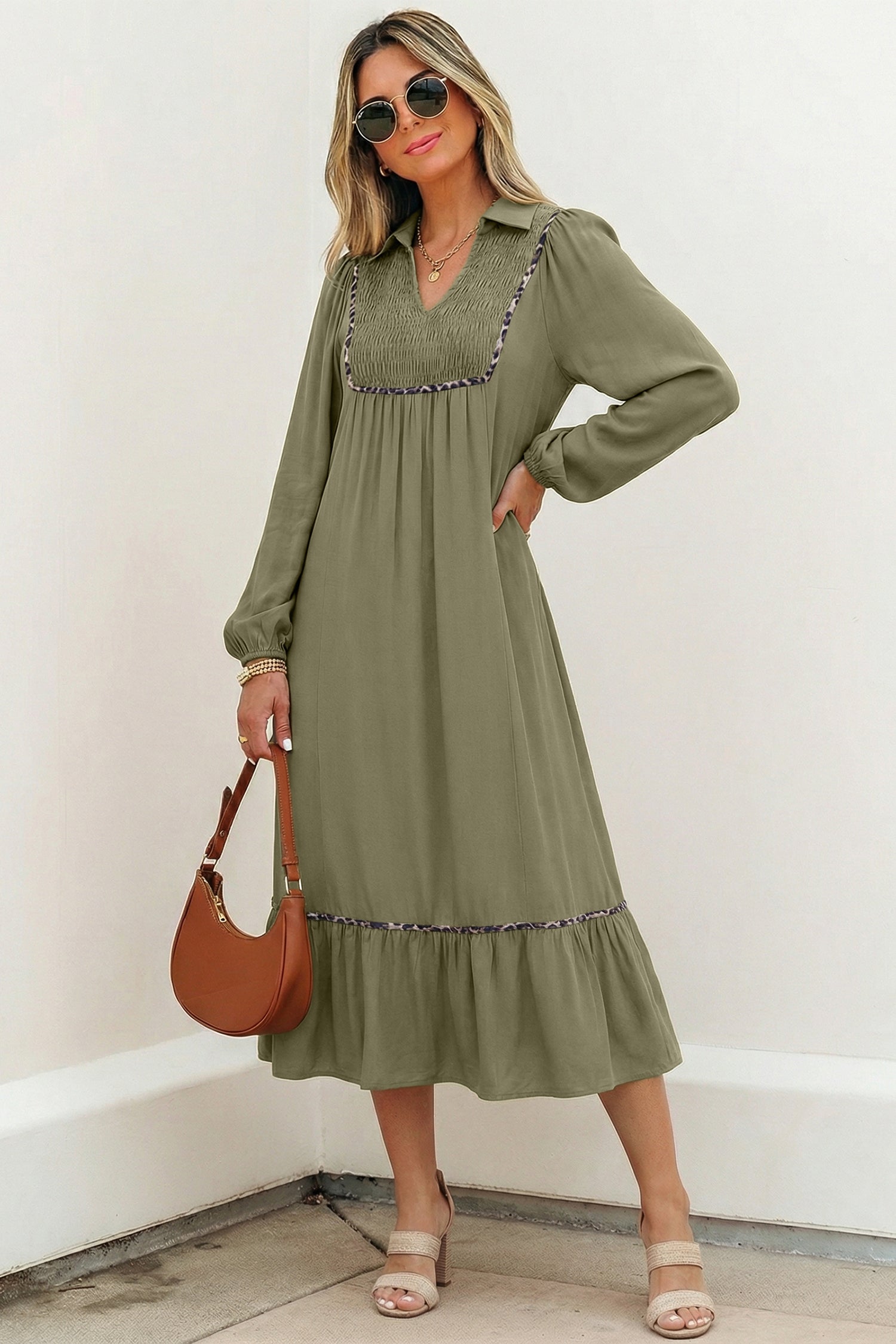 Four Leaf Clover Collared V Neck Smocked Detail Contrast Leopard Trim Bracelet Sleeve Long Dress