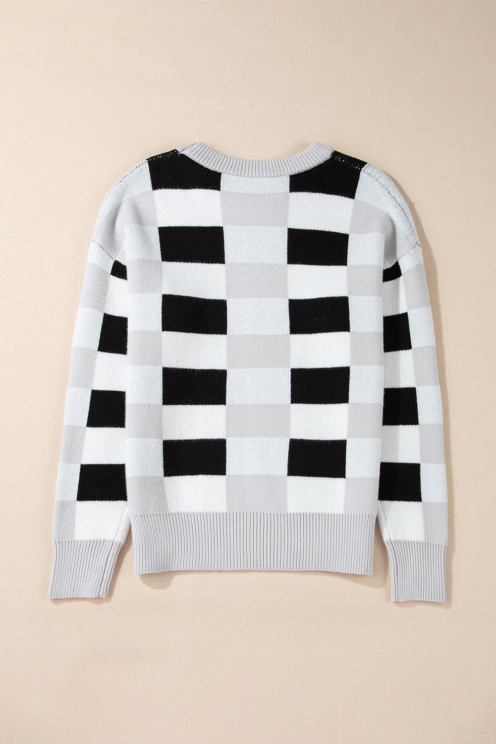 Black Checkered Ribbed Edge O Neck Drop Shoulder Sweater