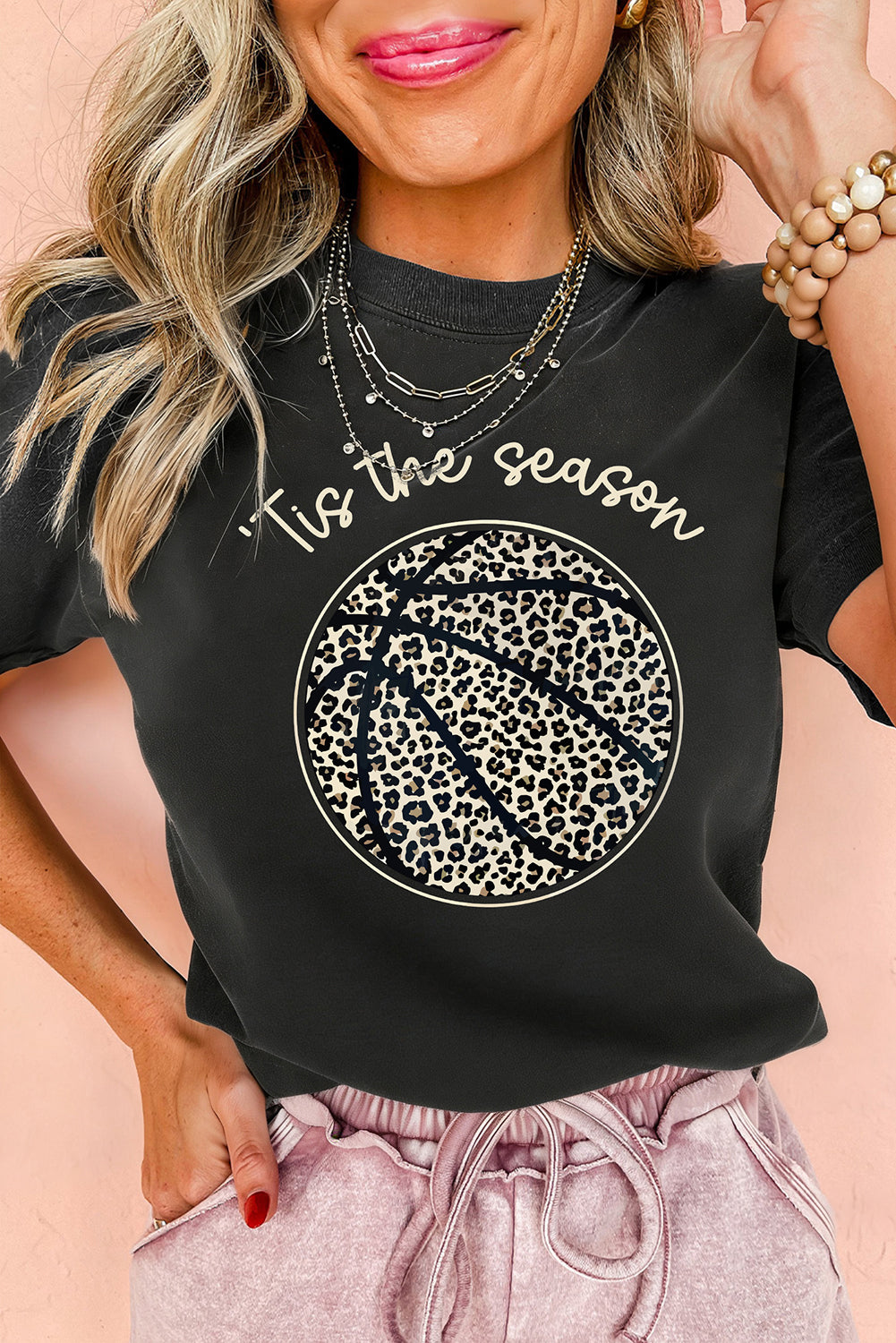 Black Leopard Basketball Printed Crew Neck Tee