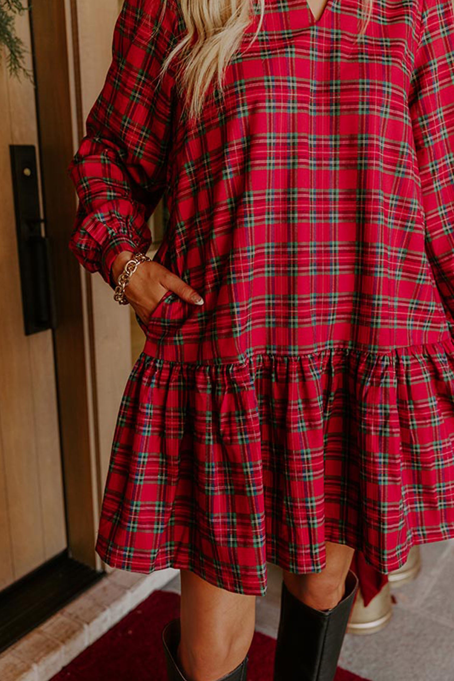 Red Plaid Long Sleeve Mini Shift Silhouette Decoration Dress