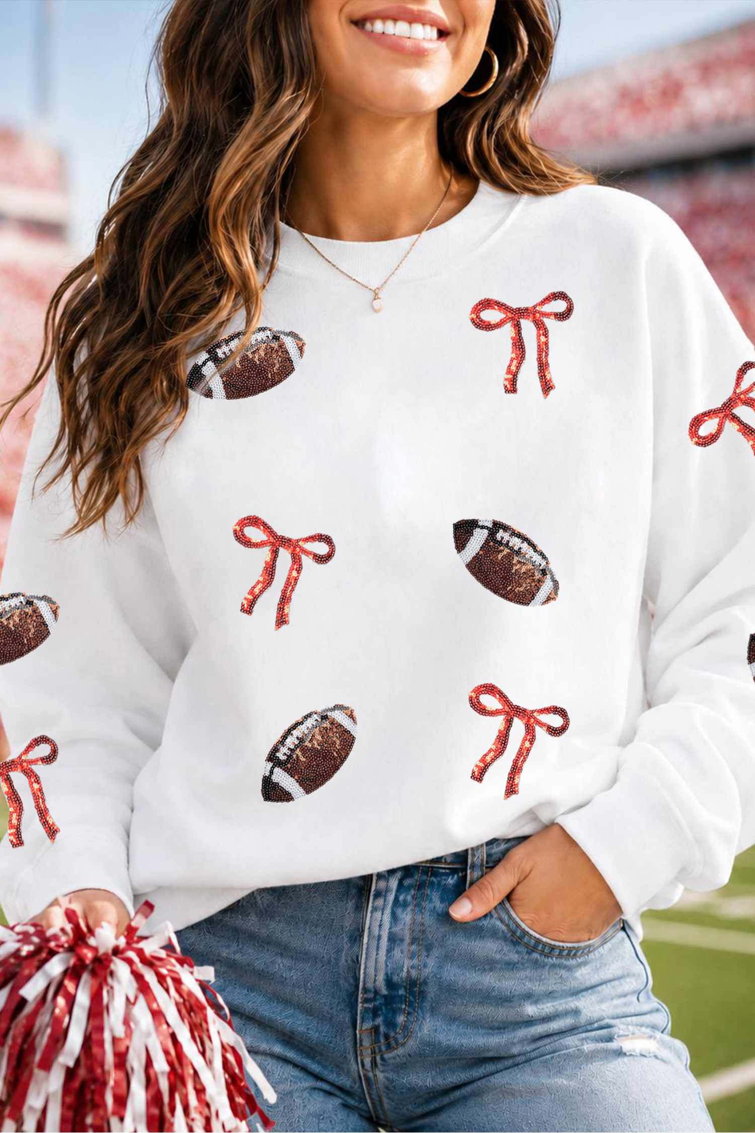 White Sequin Rugby Bow Graphic ODM Casual Pullover Sweatshirt