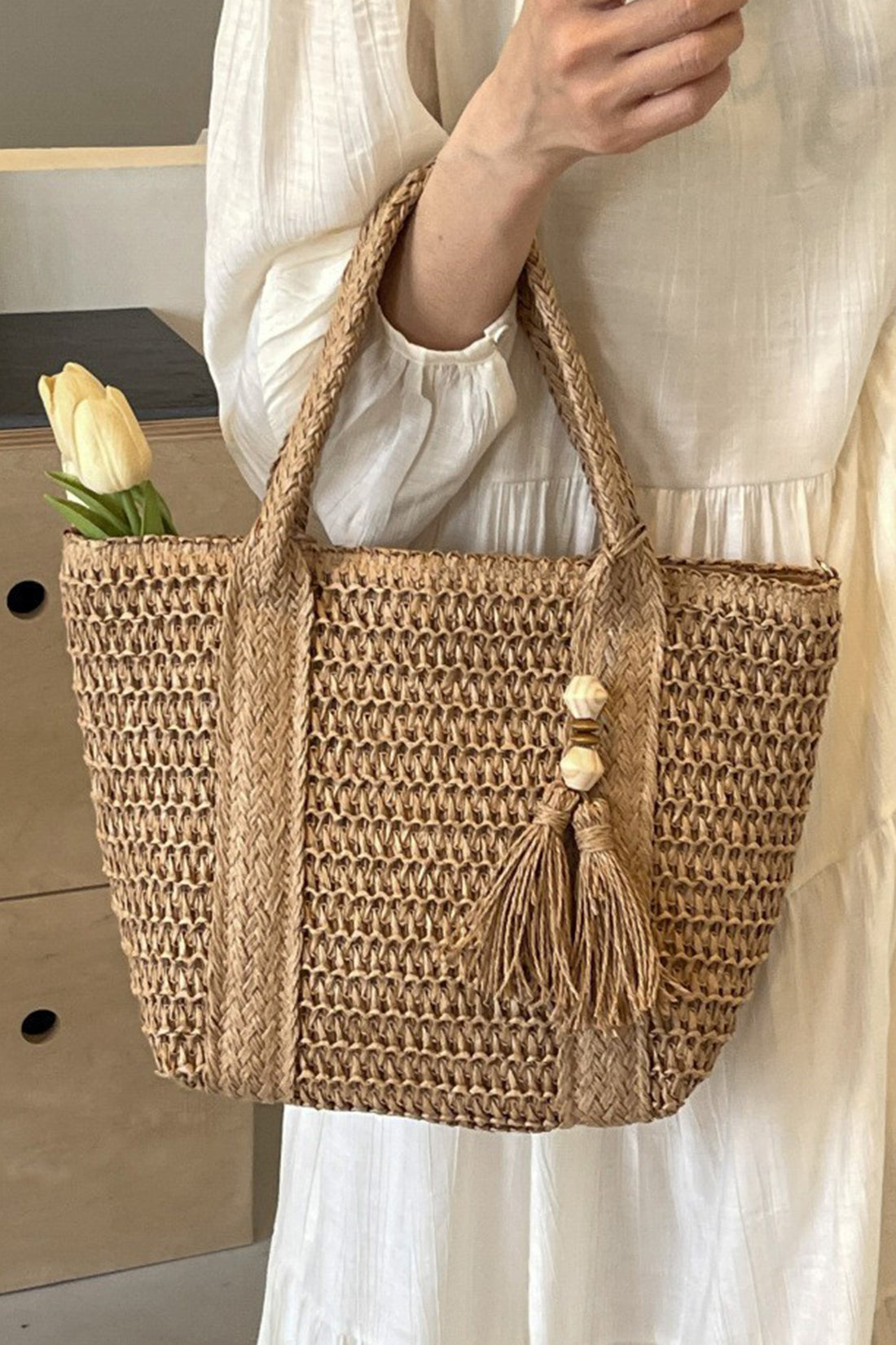 Light French Beige Rattan Woven Beach Vacation Shoulder Tote Bag