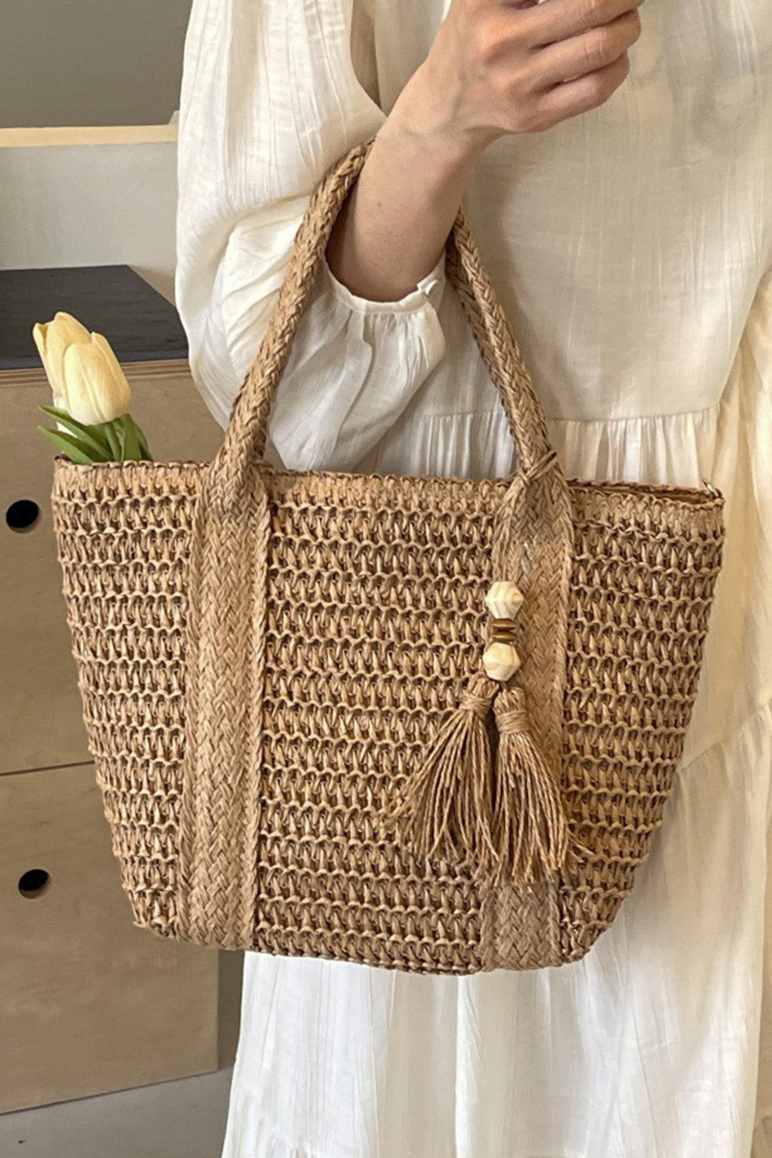 Light French Beige Rattan Woven Beach Vacation Shoulder Tote Bag