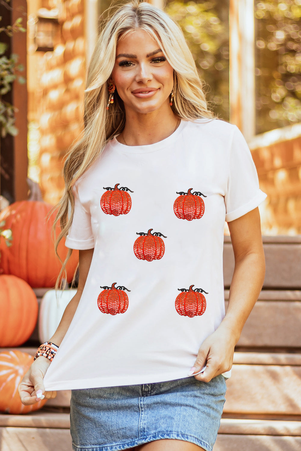 White Glitter Pumpkin Patched Cotton Blend T Shirt