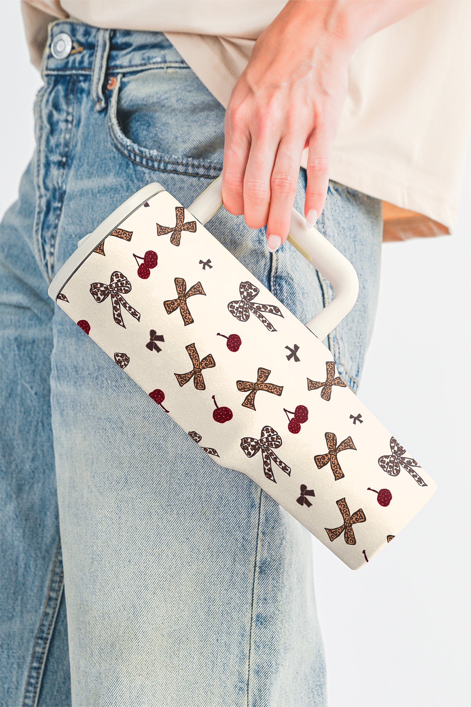 White Leopard Cheery Bow Printed Single Handle Flip Straw Travel Cup
