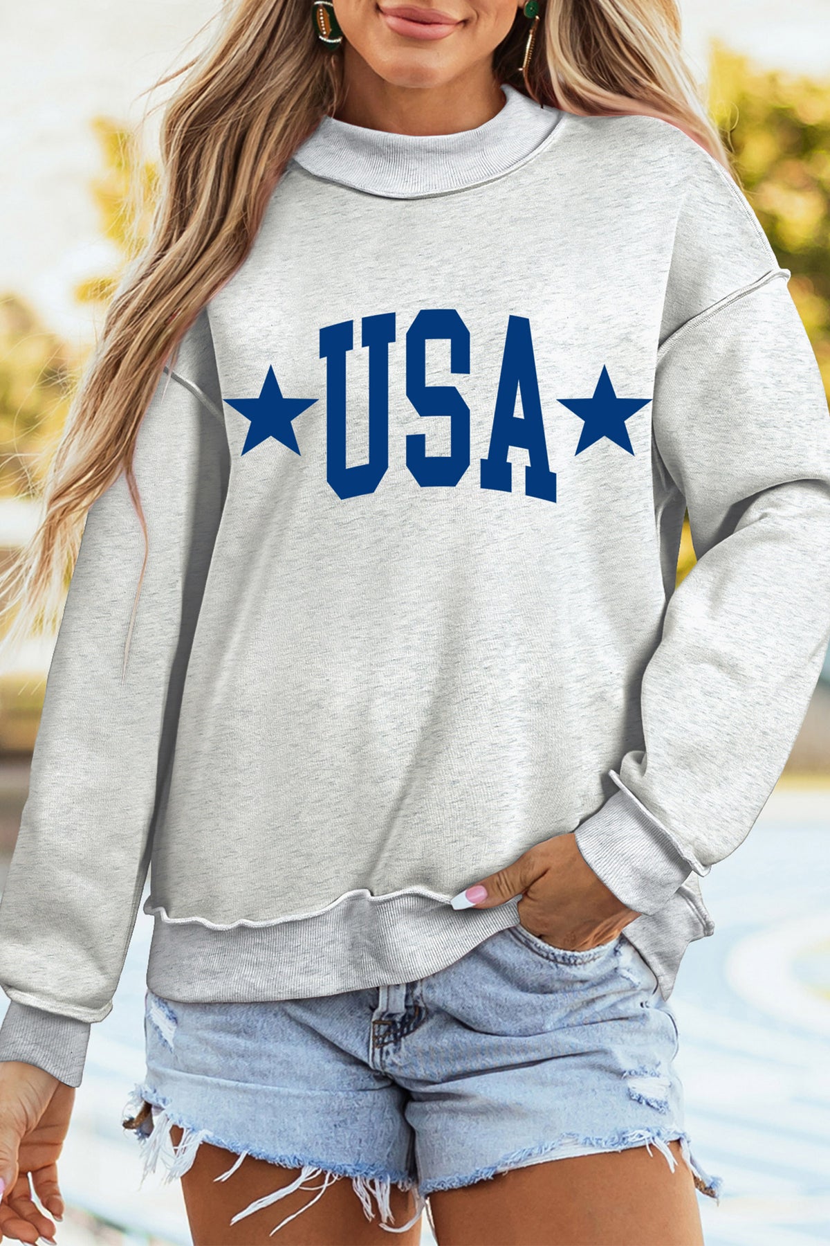 Light Grey Mock Neck USA Slogan Pullover Graphic Sweatshirt