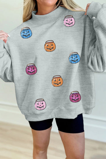 Gray Sequin Halloween Pumpkin Face Mock Neck Sweatshirt