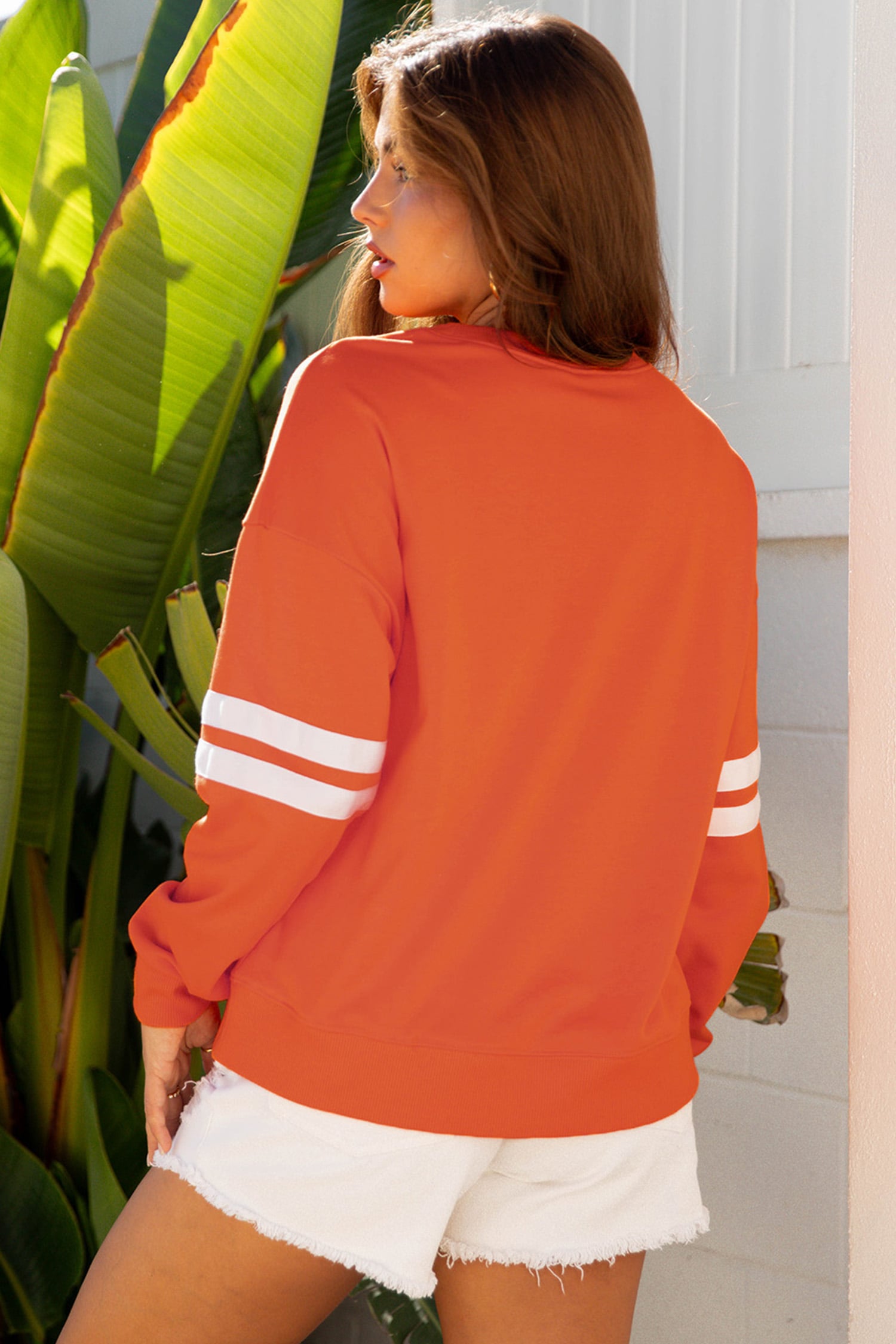 Orange Varsity Striped Detail Sequin Rugby Graphic Pullover Sweatshirt