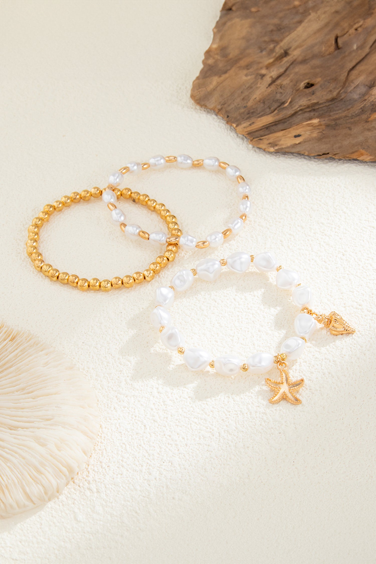 Gold Alloy Pearl Beading Coastal Vacation 3pcs Bracelet Set