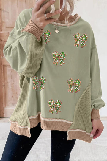 Smoke Green Sequin Bow Patchwork Waffle Colorblock Loose Sweatshirt