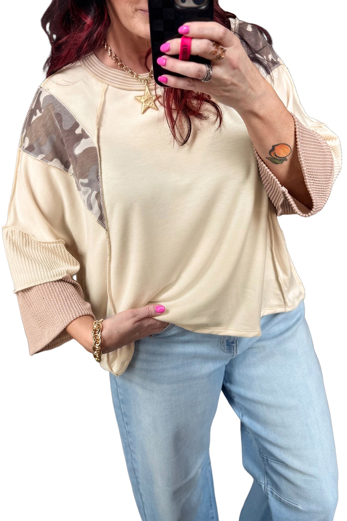 Beige Camouflage Colorblock Twist Rib Patchwork 3/4 Sleeve Top