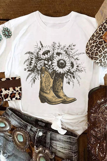 White Sunflower Cowgirl Boots Cotton Blend Graphic Tee