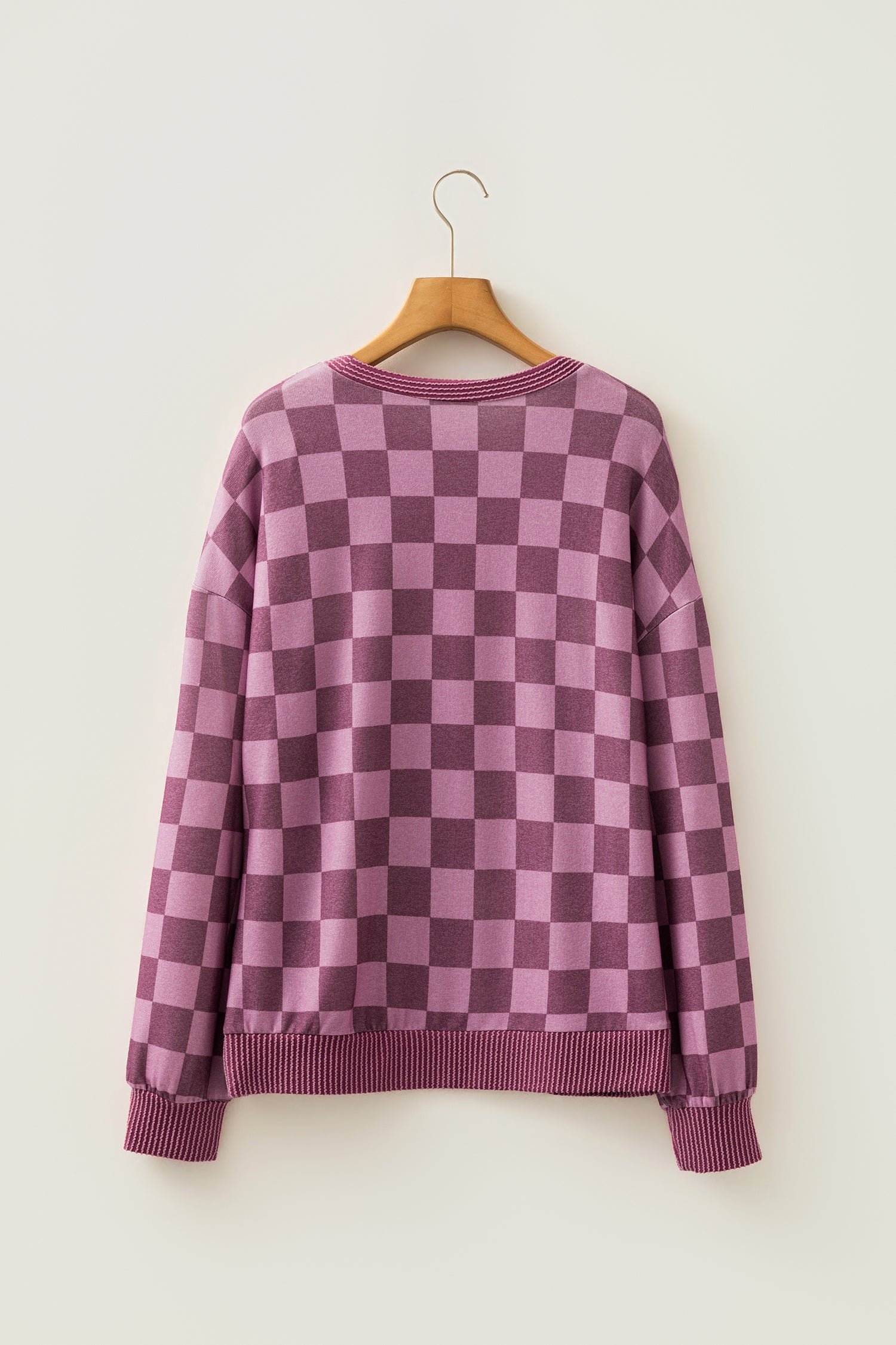 Red Ribbed Trim Checkered Print Long Sleeve Pullover Top