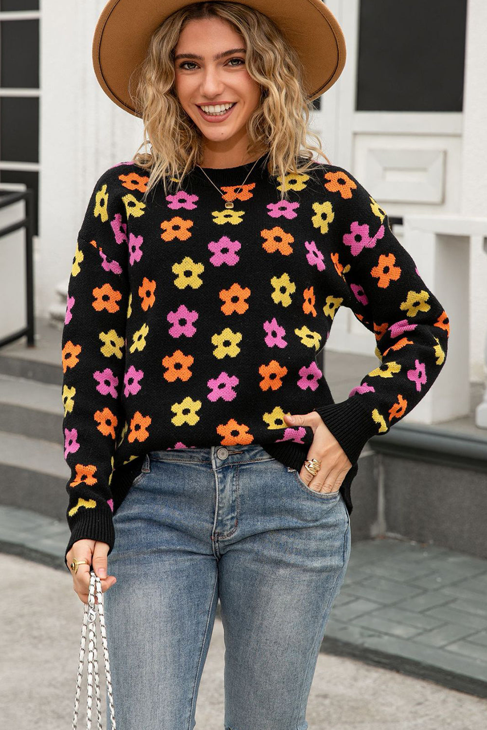 Black Cute Flower Allover Ribbed Trimmed Drop Shoulder Pullover Sweater