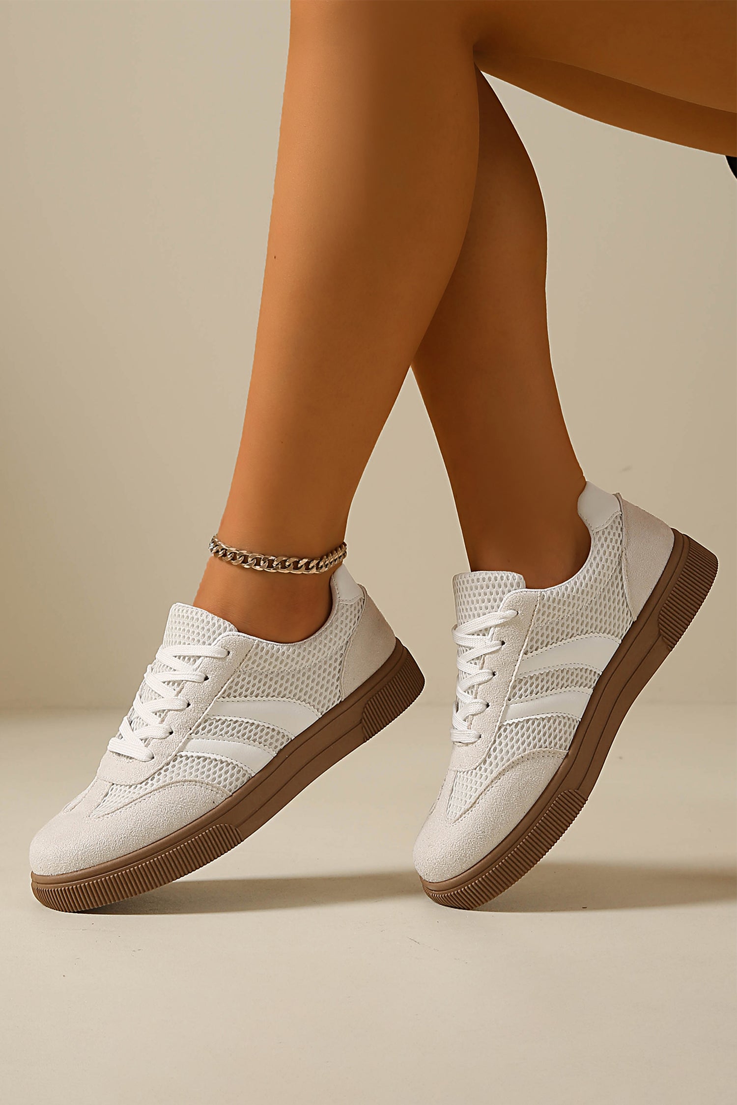 White Breathable Mesh Patchwork Lace Up Flat Shoes