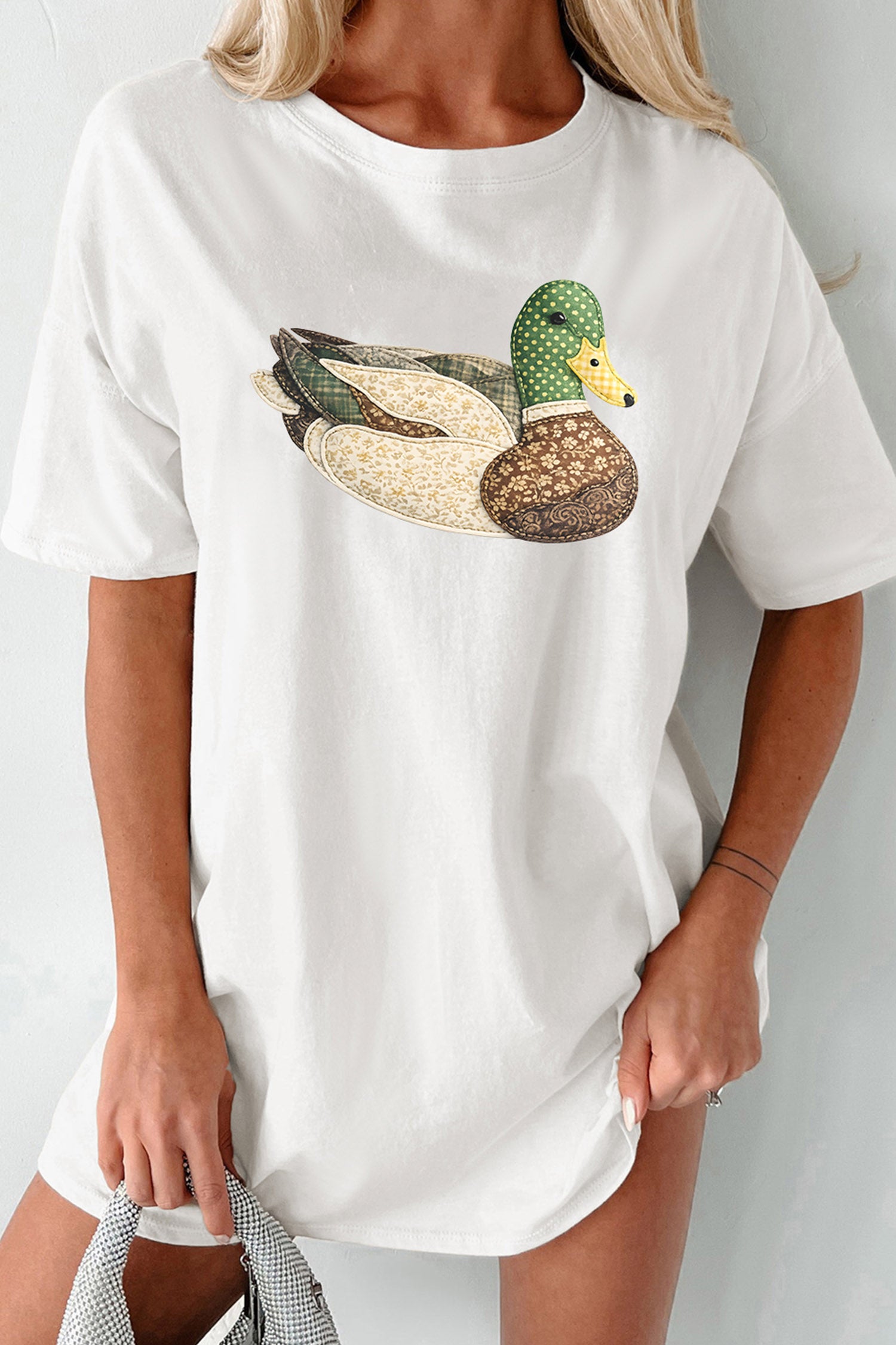 White Bohemian Mallard Duck Applique Short Sleeve Graphic T-Shirt