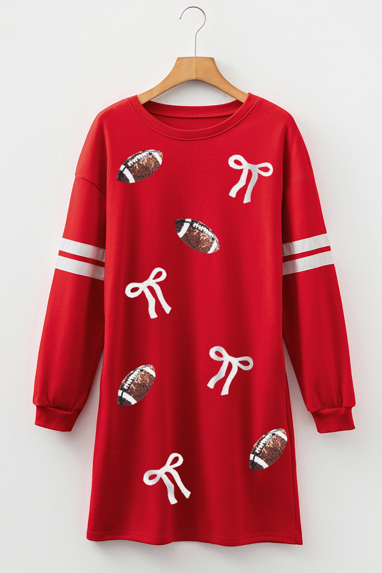 Fiery Red Sequin Rugby Bow Graphic Varsity Striped Sleeve Shift Mini Dress