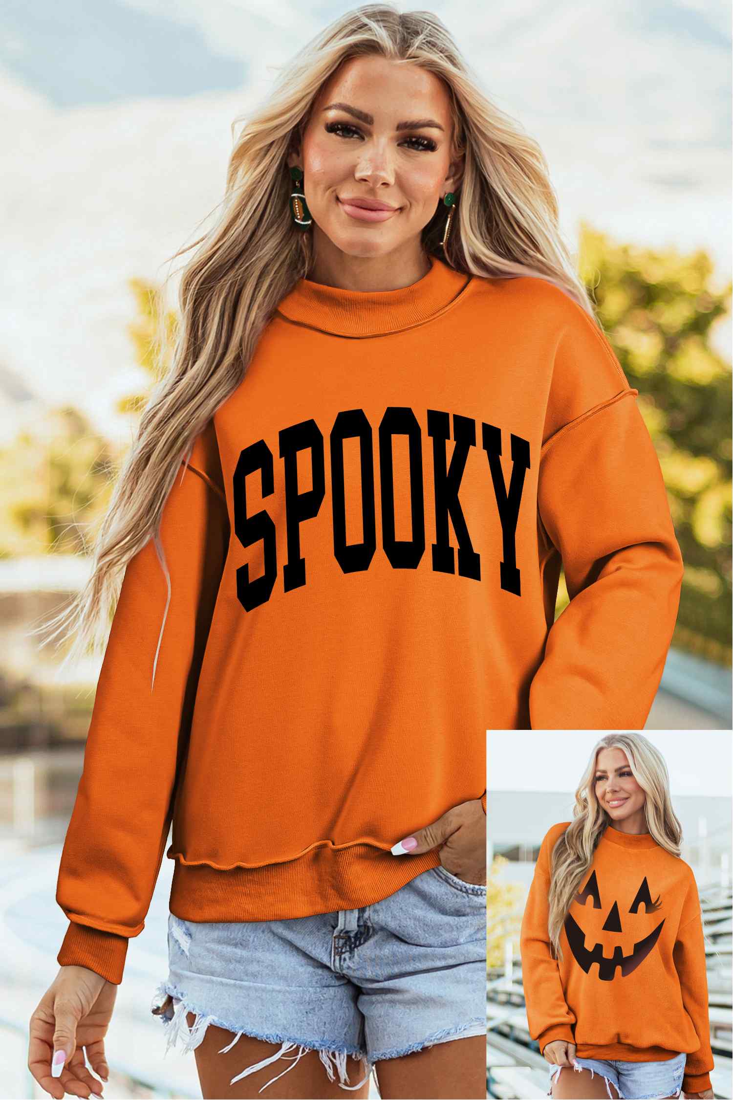 Carrot Oversize Halloween Print Mock Neck Reversible Sweatshirt